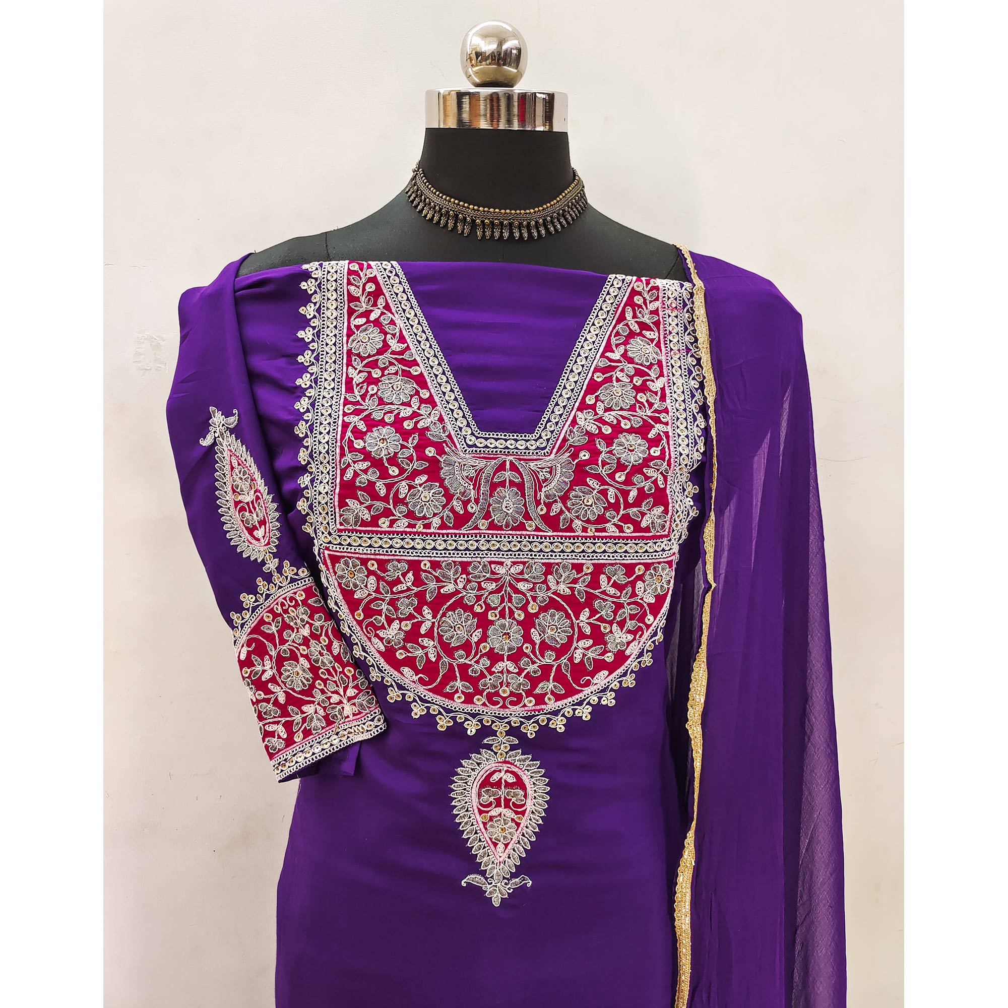 Violet Floral Sequins Embroidered Viscose Dress Material