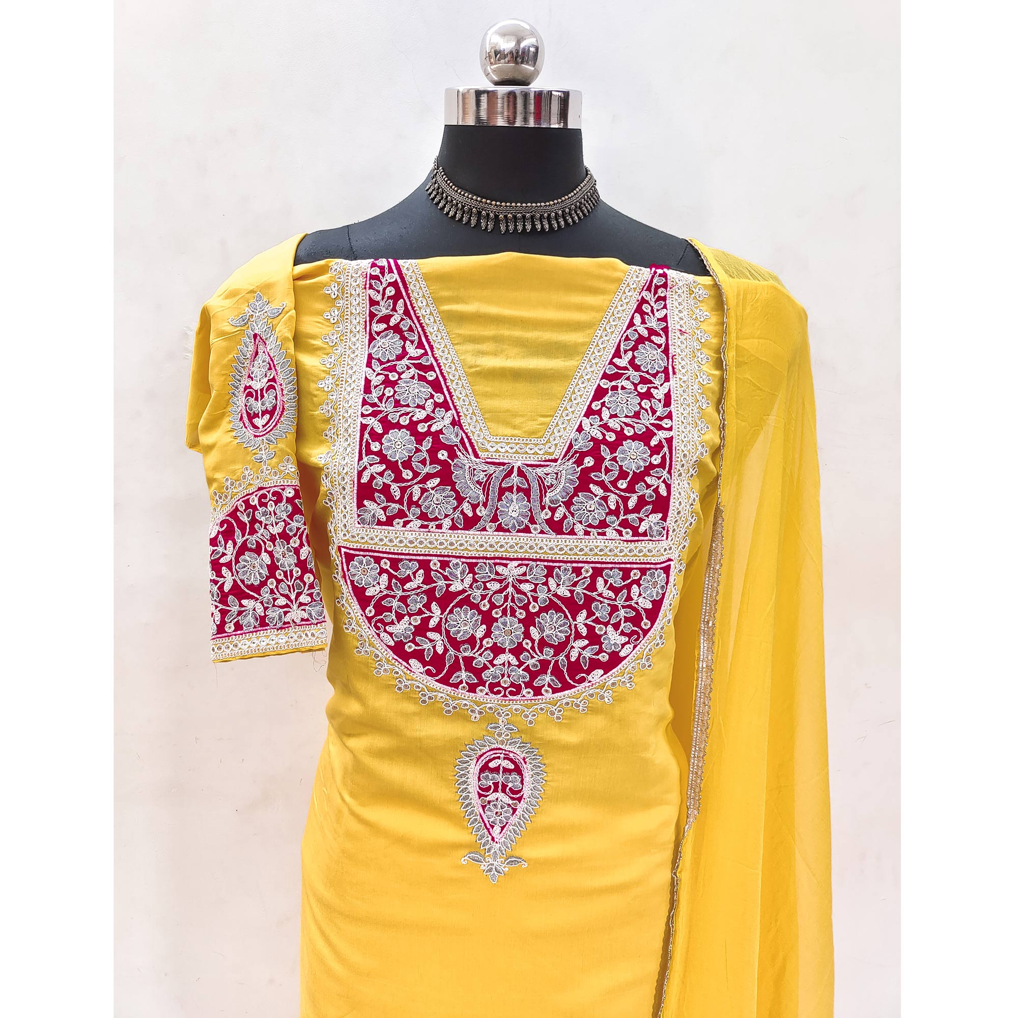 Yellow Floral Sequins Embroidered Viscose Dress Material