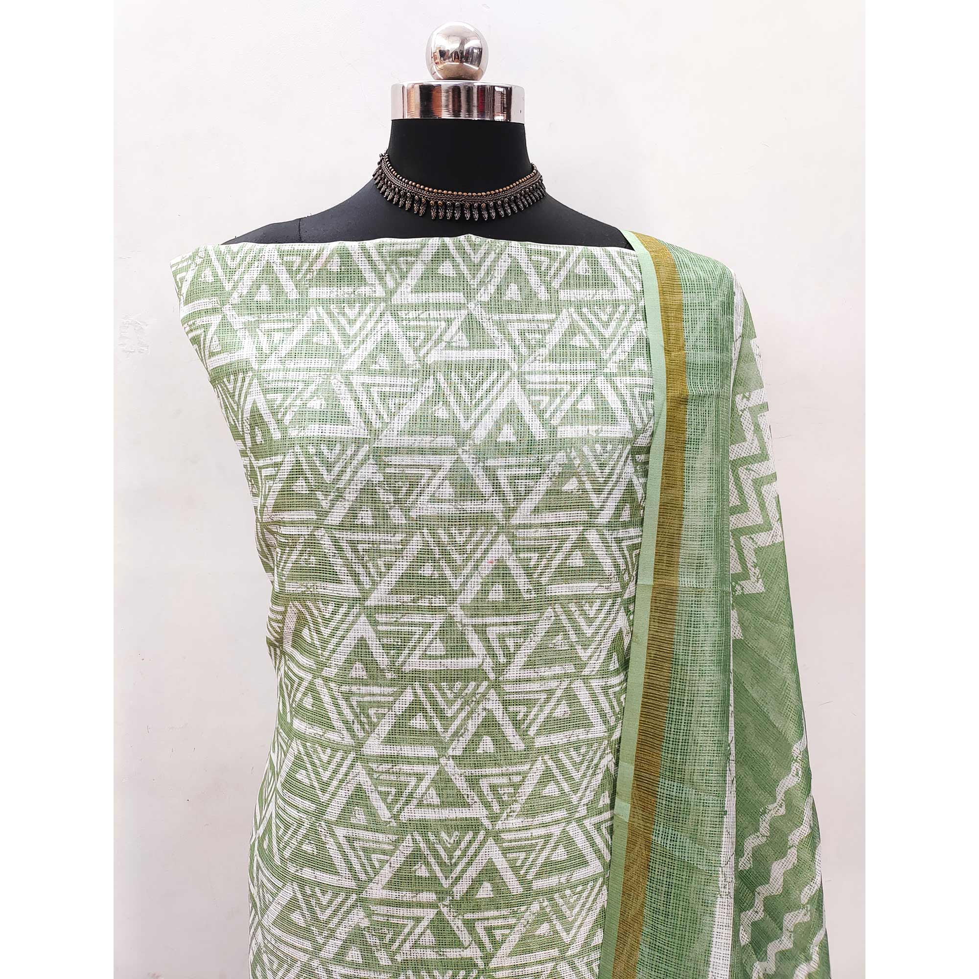 Green Geometric Printed Kota Doria Dress Material