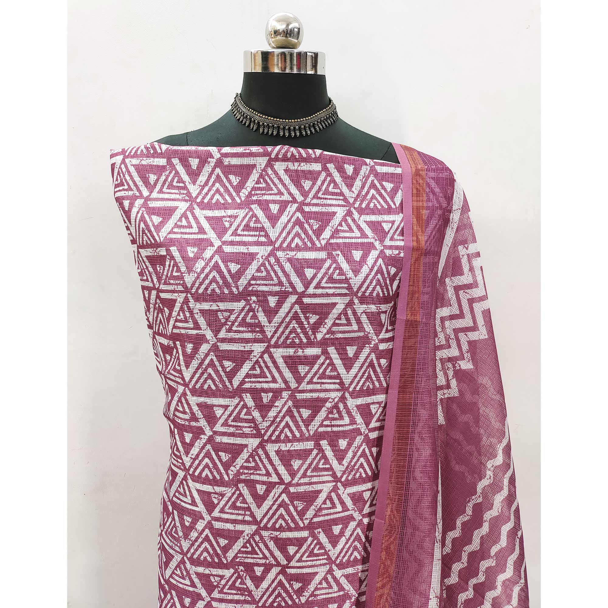 Mauve Geometric Printed Kota Doria Dress Material