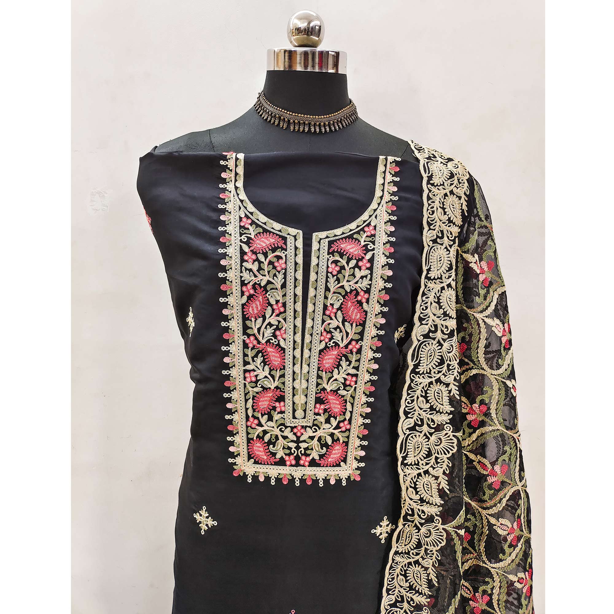 Black Floral Embroidered Georgette Dress Material