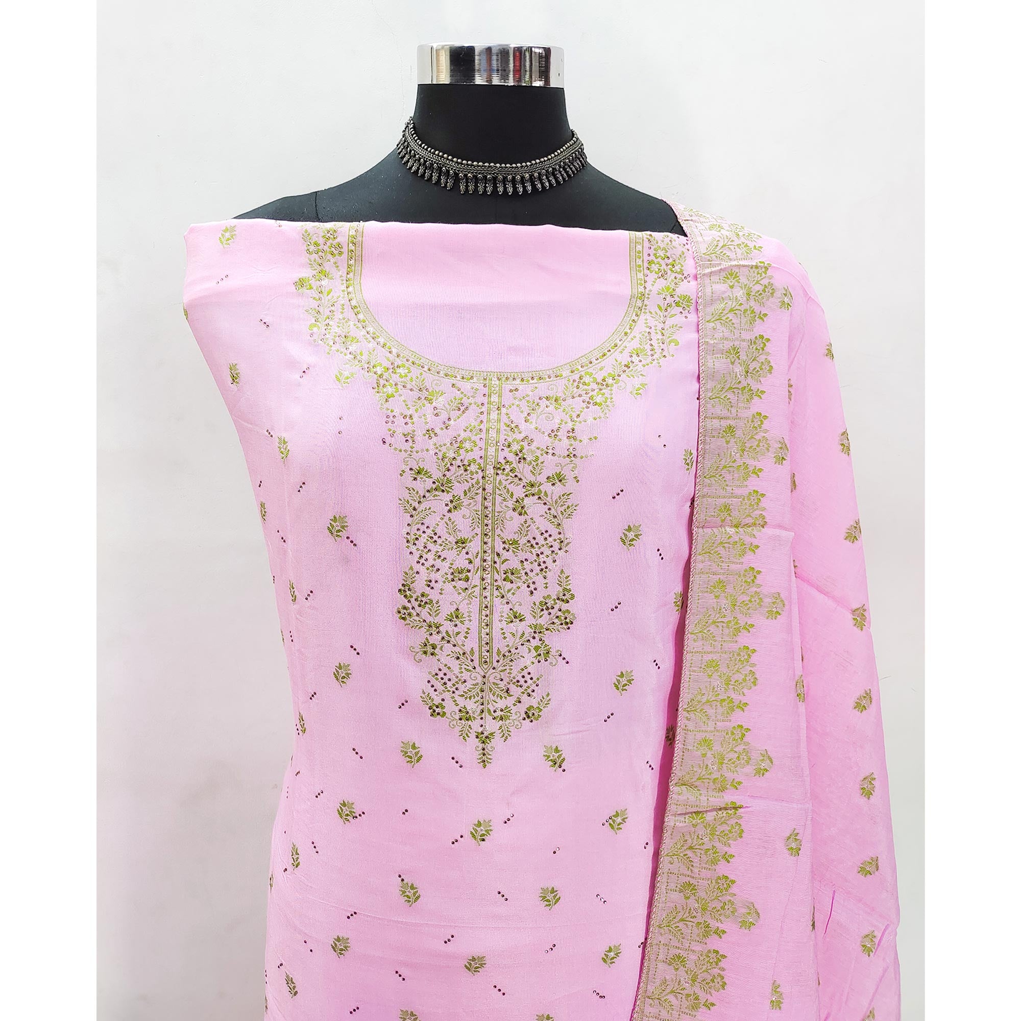 Pink Floral Banarasi Silk Dress Material with Rich Zari Weaving