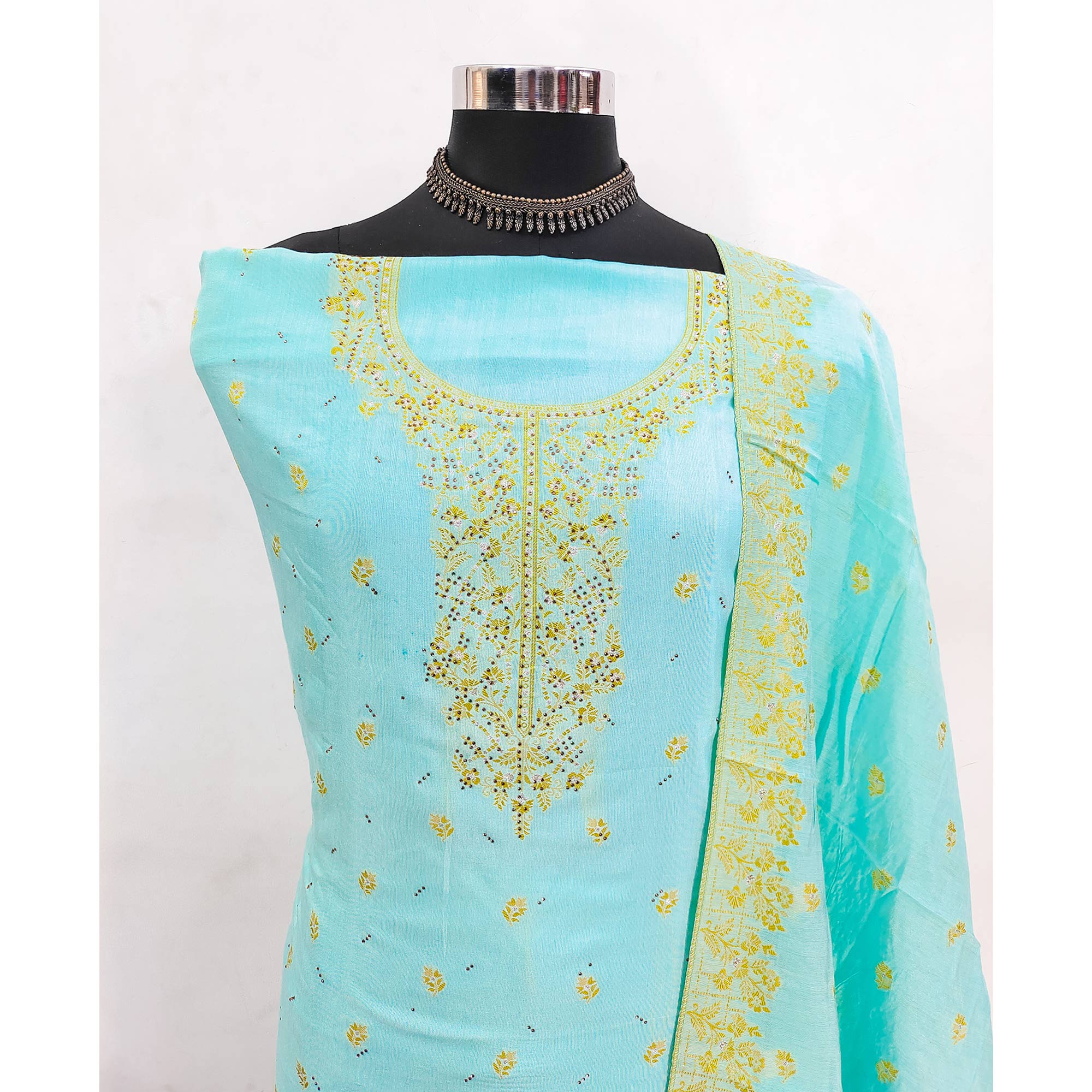 Sky Blue Floral Banarasi Silk Dress Material with Rich Zari Weaving
