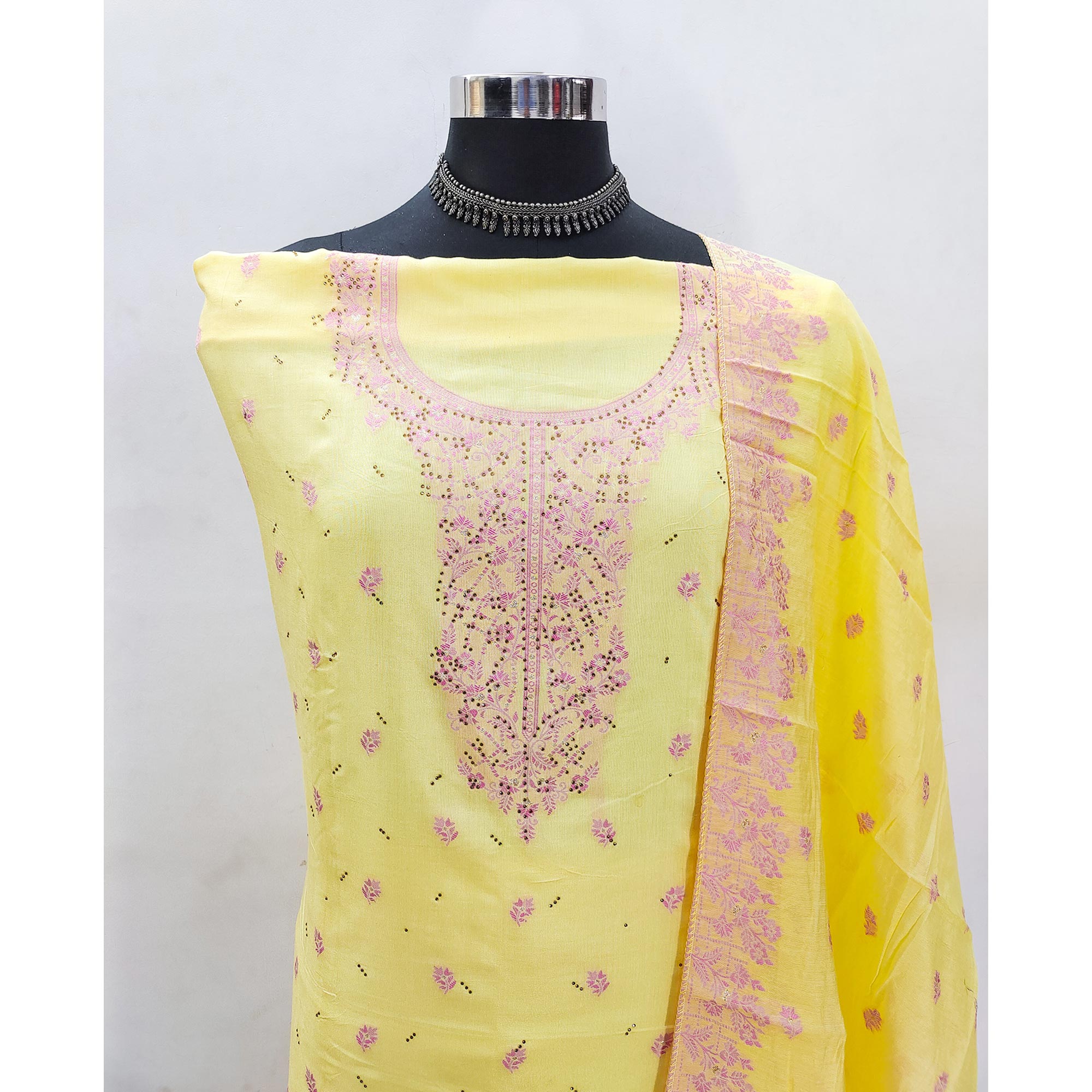 Yellow Floral Banarasi Silk Dress Material with Rich Zari Weaving