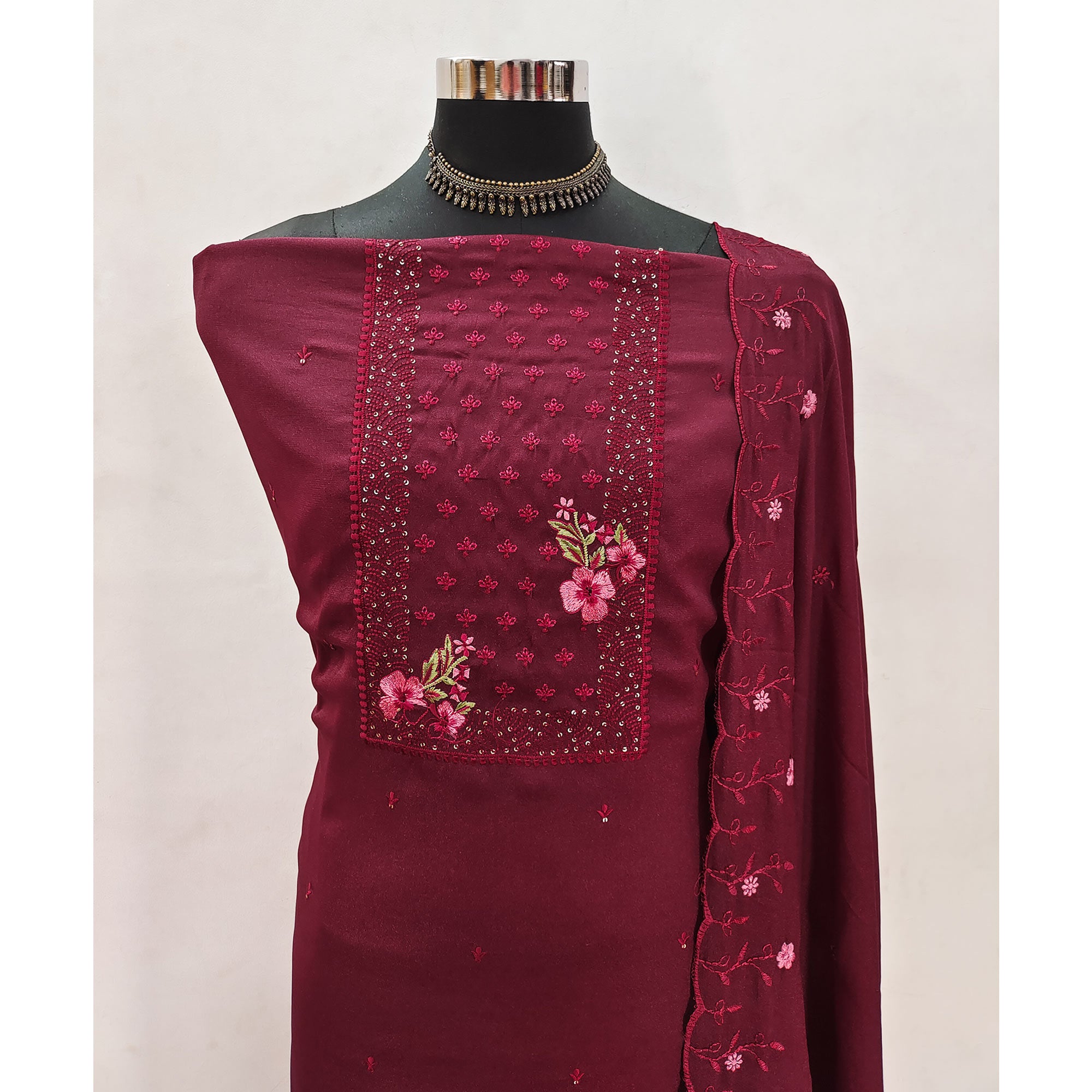 Designer Maroon Georgette Fabric with Intricate Floral Embroidery