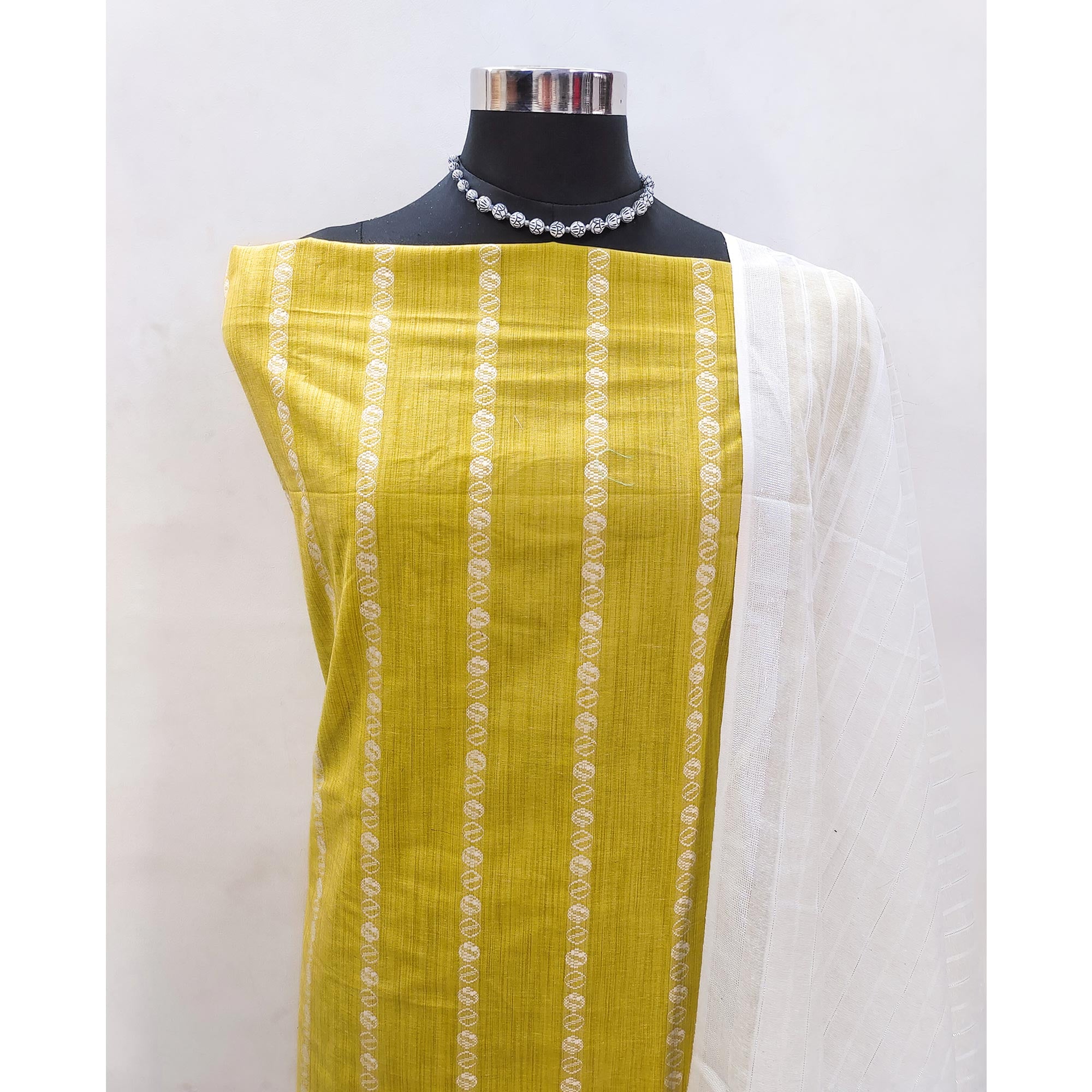 Intricate Weaving Work on Yellow Pure Cotton Dress Material