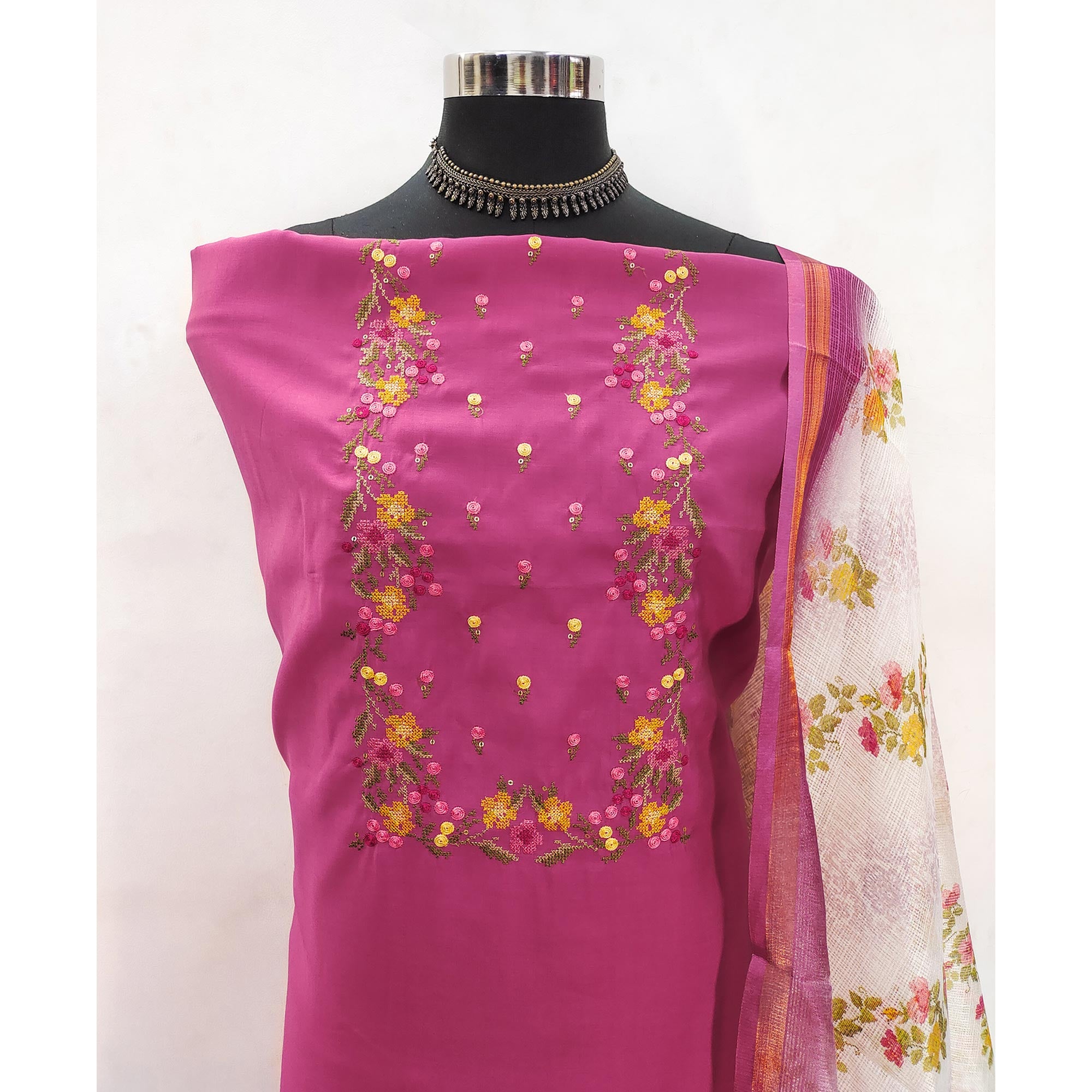 Pink Viscose Dress Material With Floral Embroidered Neckline