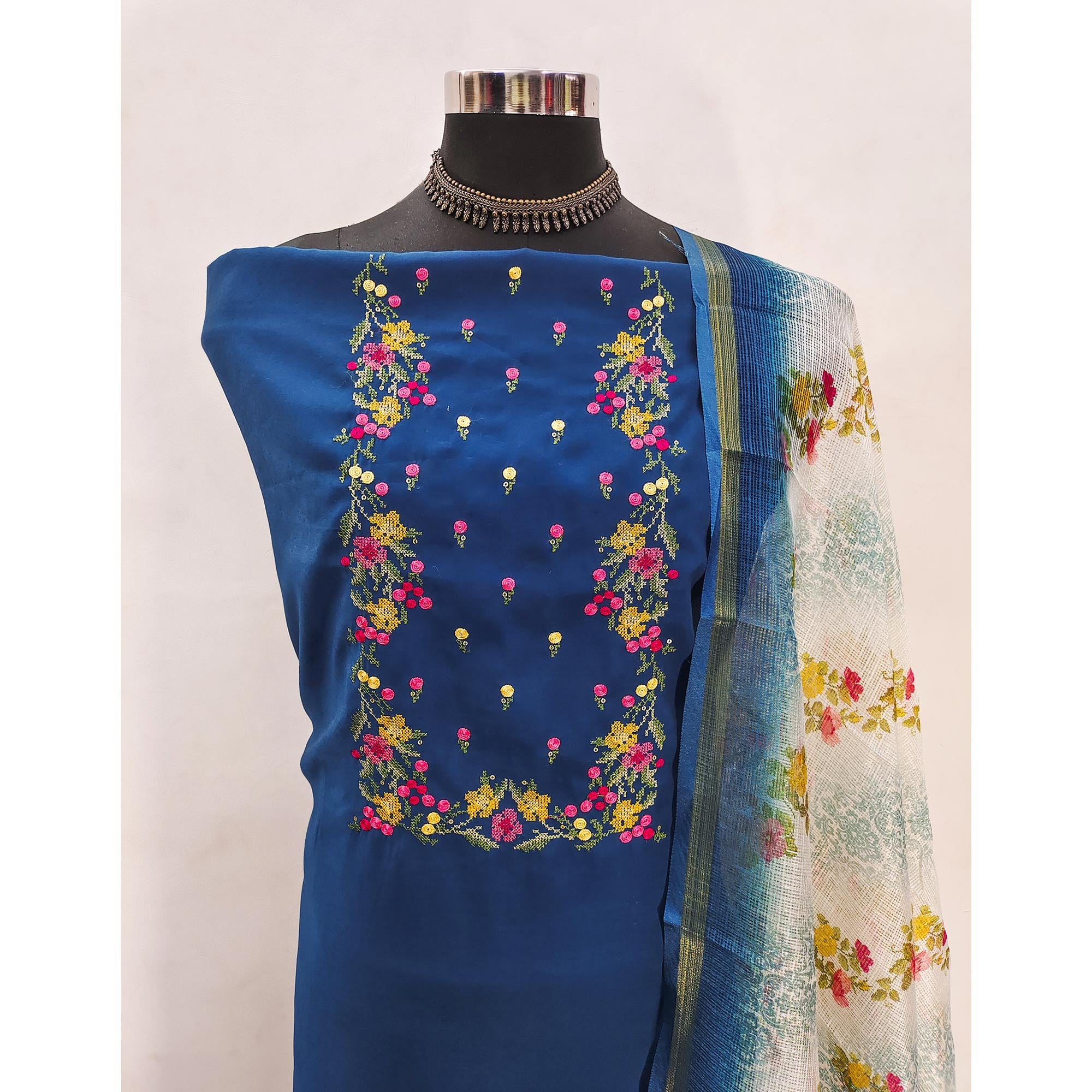Teal Viscose Dress Material With Floral Embroidered Neckline