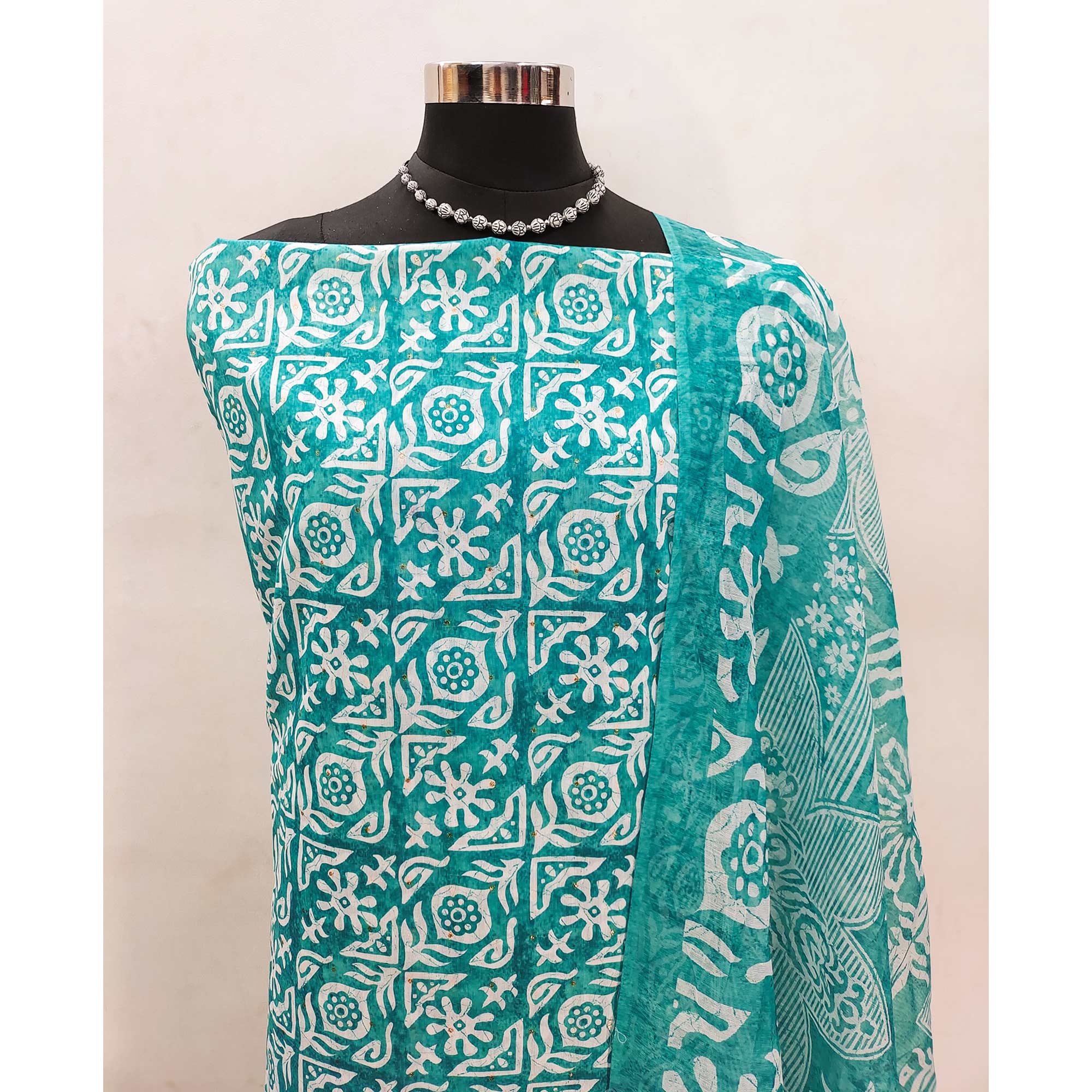 Turquoise Traditional Batik Print on Linen Dress Material