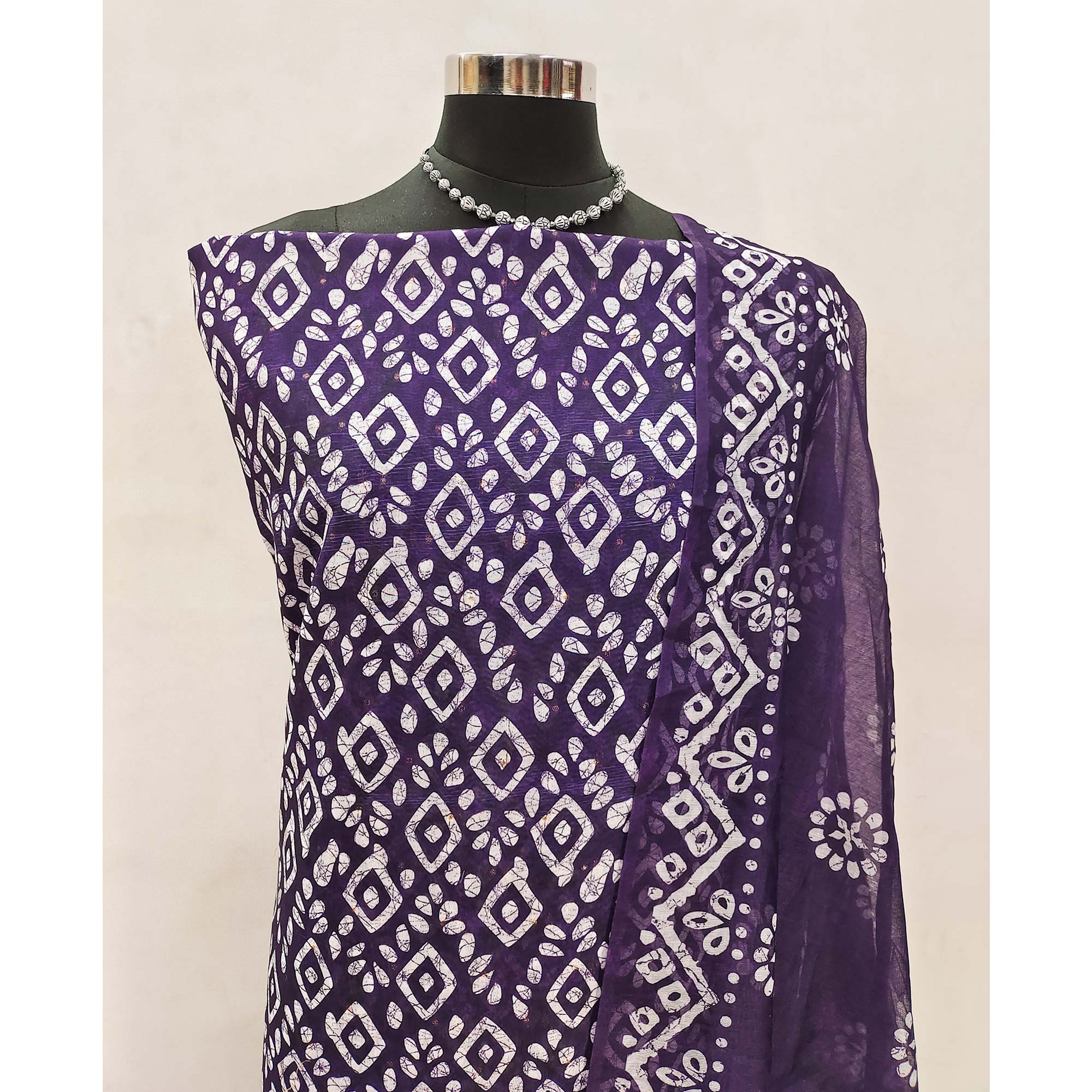 Blue Chanderi Silk Dress Material With Traditional Batik Prints