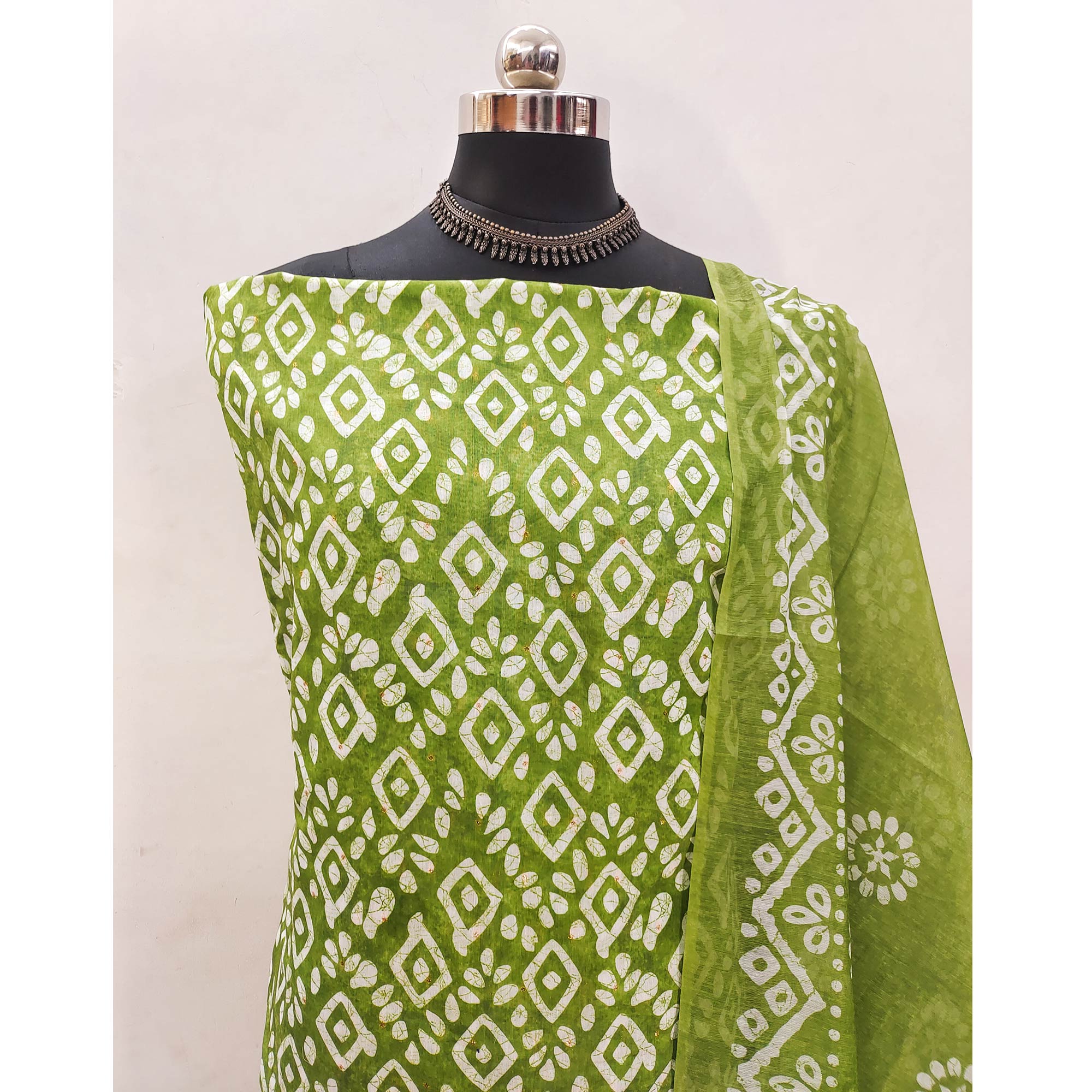 Green Chanderi Dress Material With Traditional Batik Prints