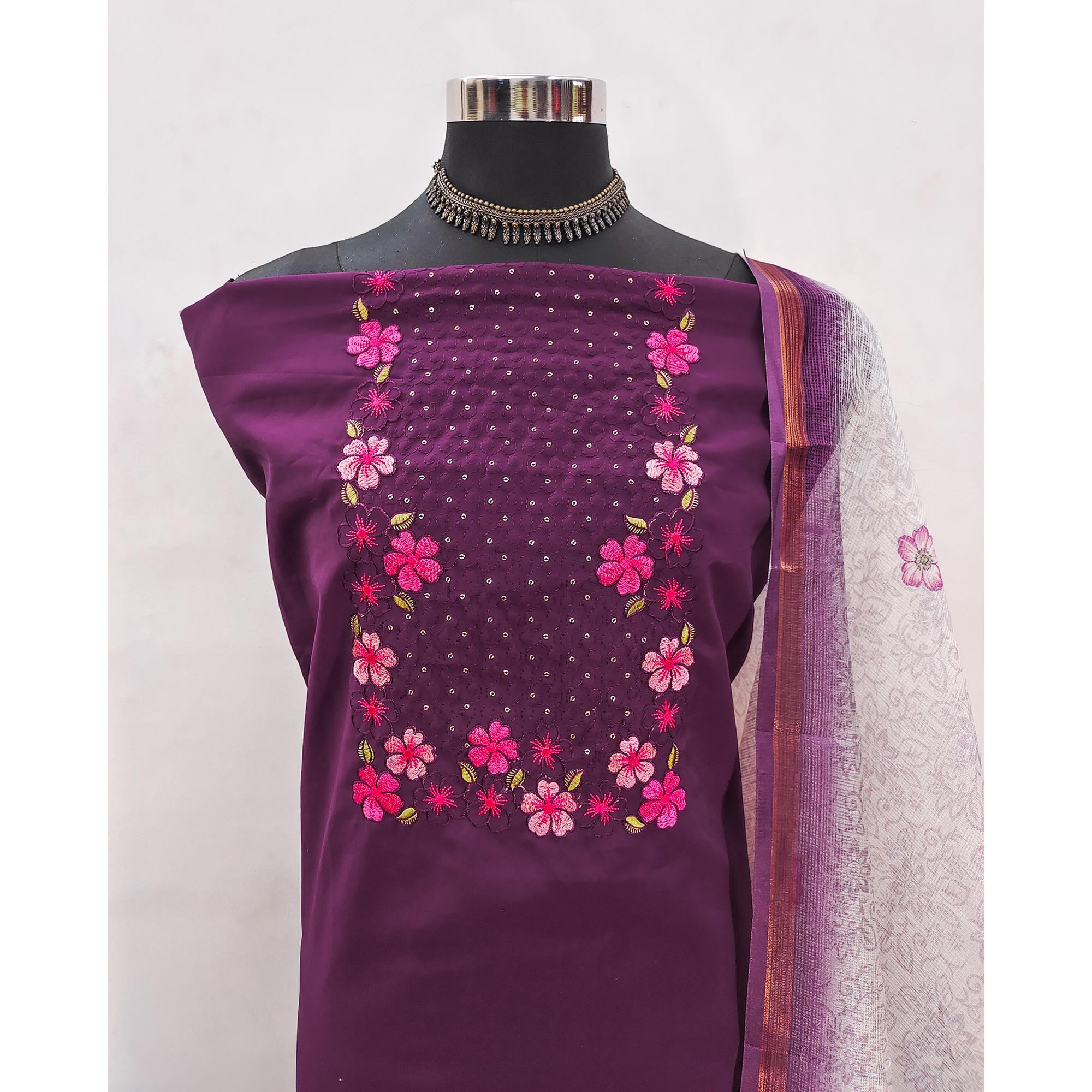 Dark Purple Delicate Floral Embroidery On Luxe Viscose Dress Material