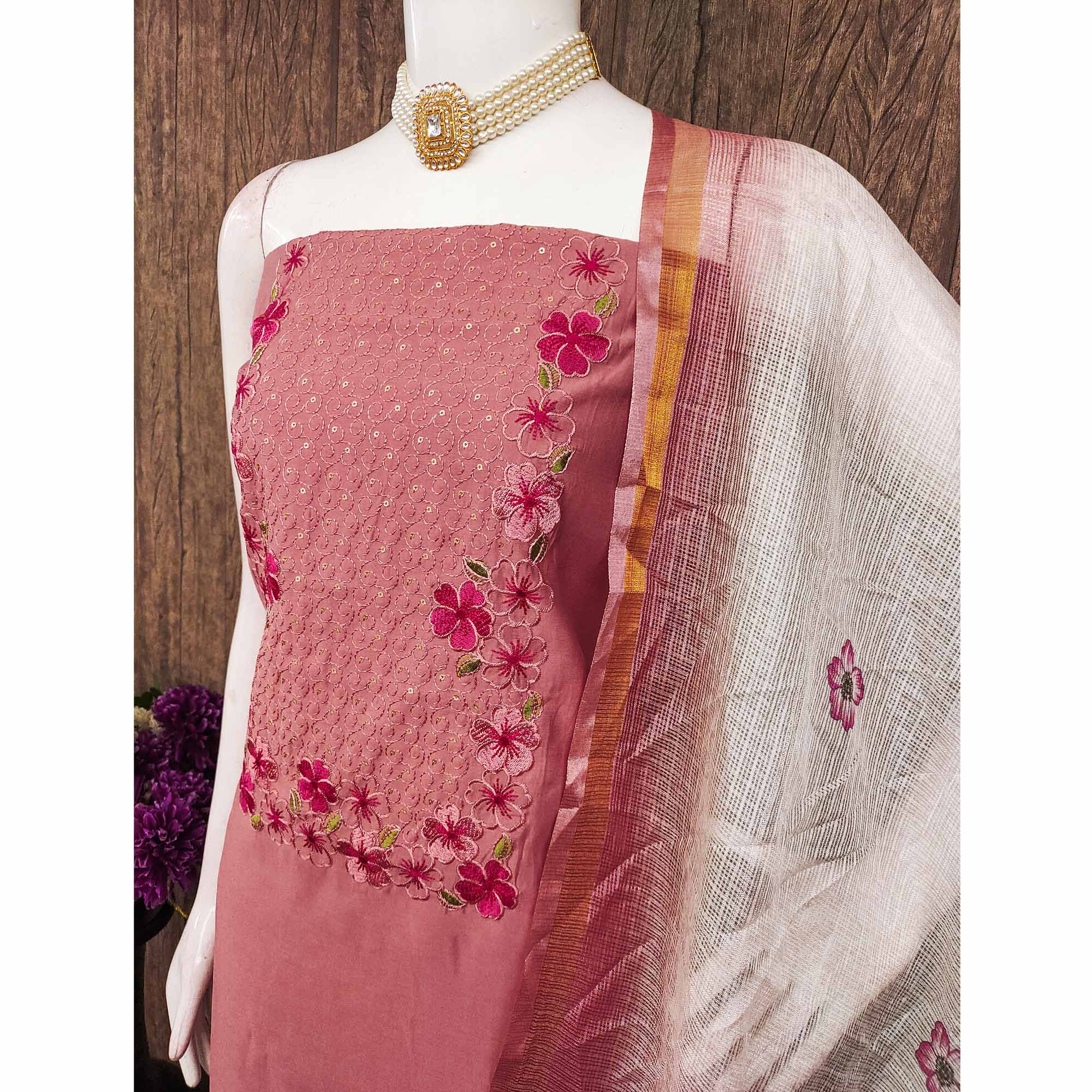 Dusty Rose Pink Delicate Floral Embroidery On Luxe Viscose Dress Material