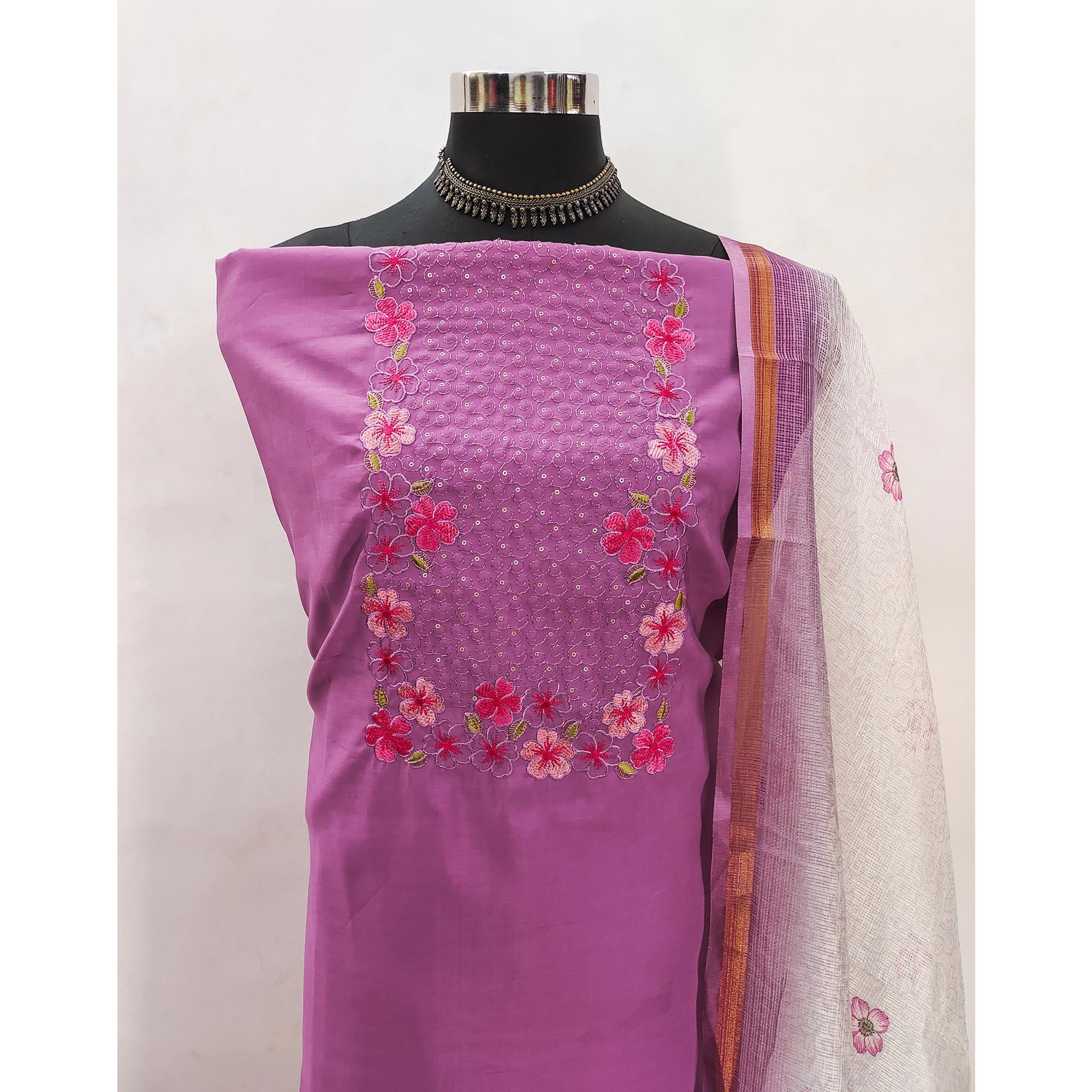 Purple Delicate Floral Embroidery On Luxe Viscose Dress Material