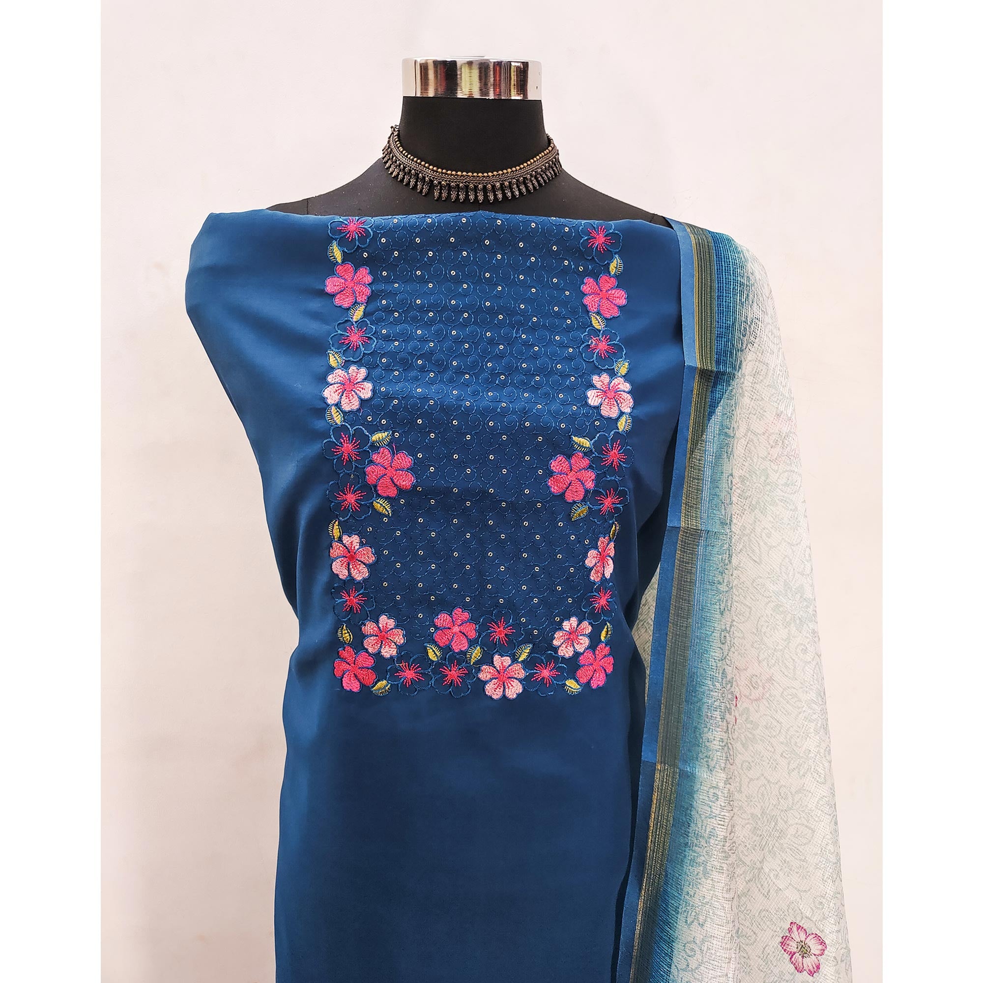 Teal Delicate Floral Embroidery On Luxe Viscose Dress Material