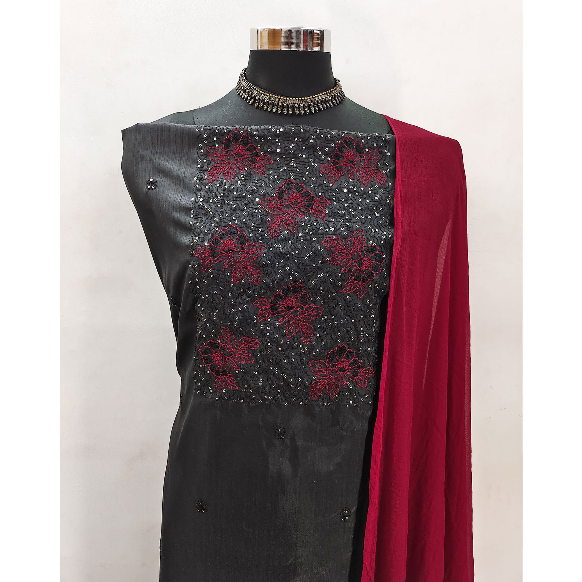 Black Silk Blend Dress Material with Sequin Embroidery