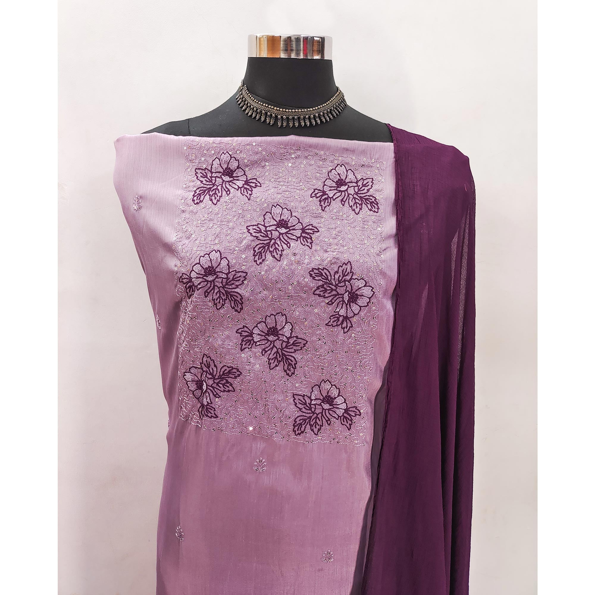 Light Pink Silk Blend Dress Material with Sequin Embroidery