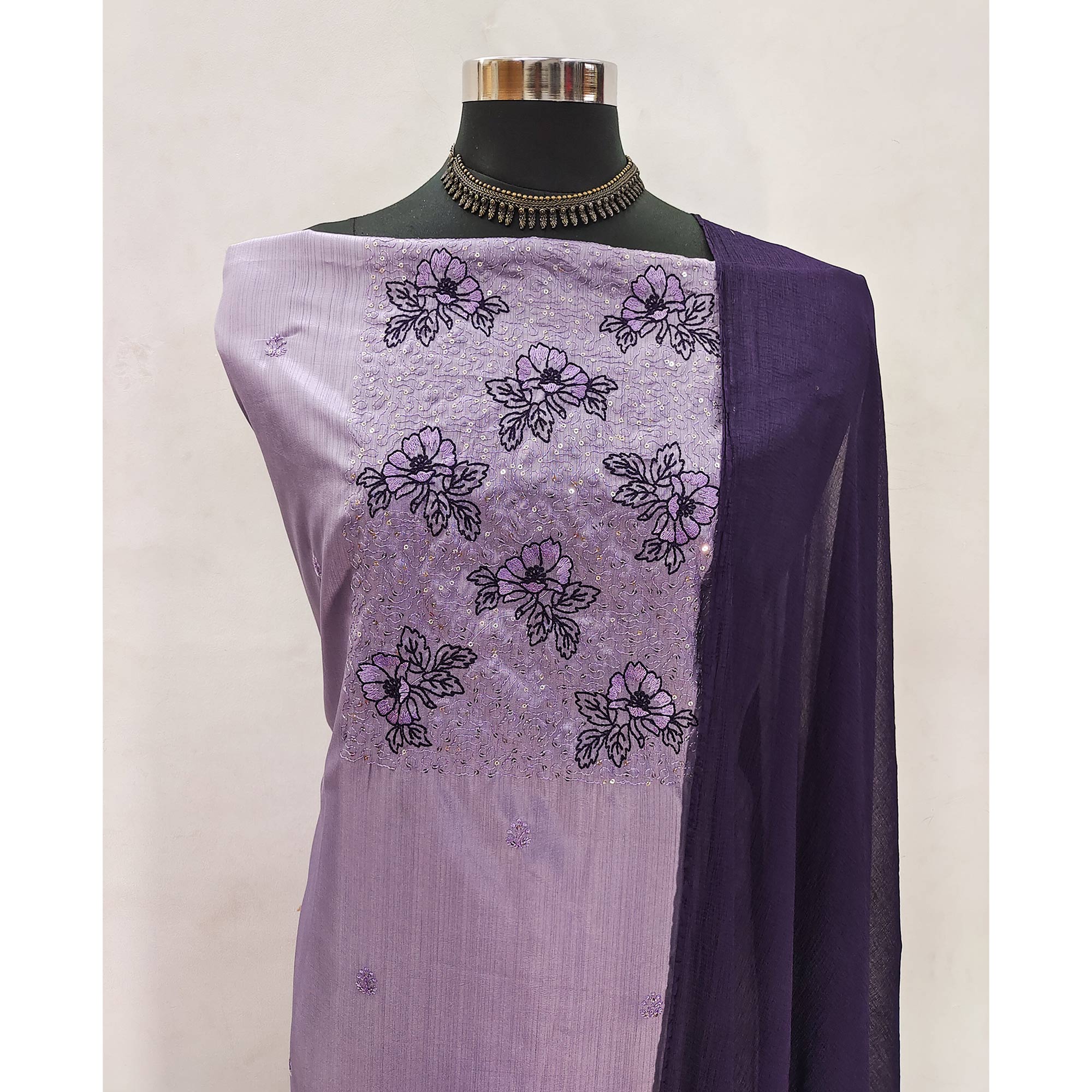 Light Purple Silk Blend Dress Material with Sequin Embroidery