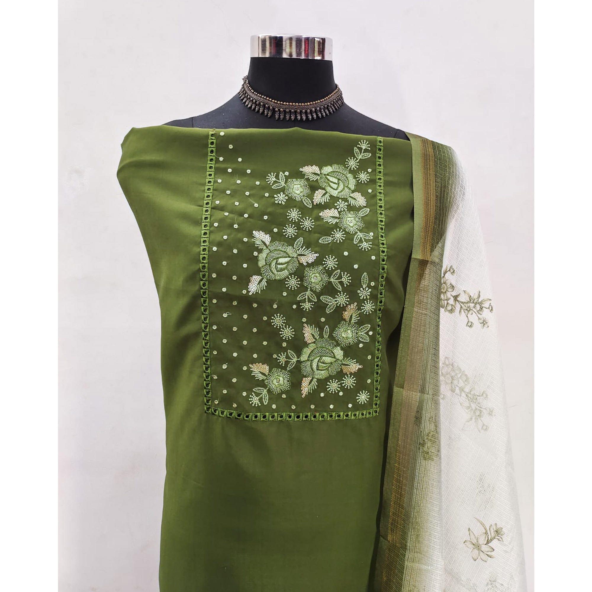 Green Viscose Dress Material With Stunning Floral Sequin Embroidery