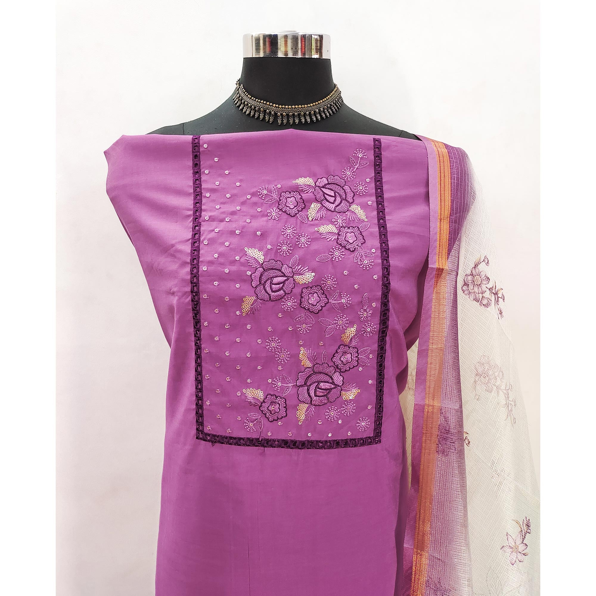 Purple Viscose Dress Material With Stunning Floral Sequin Embroidery