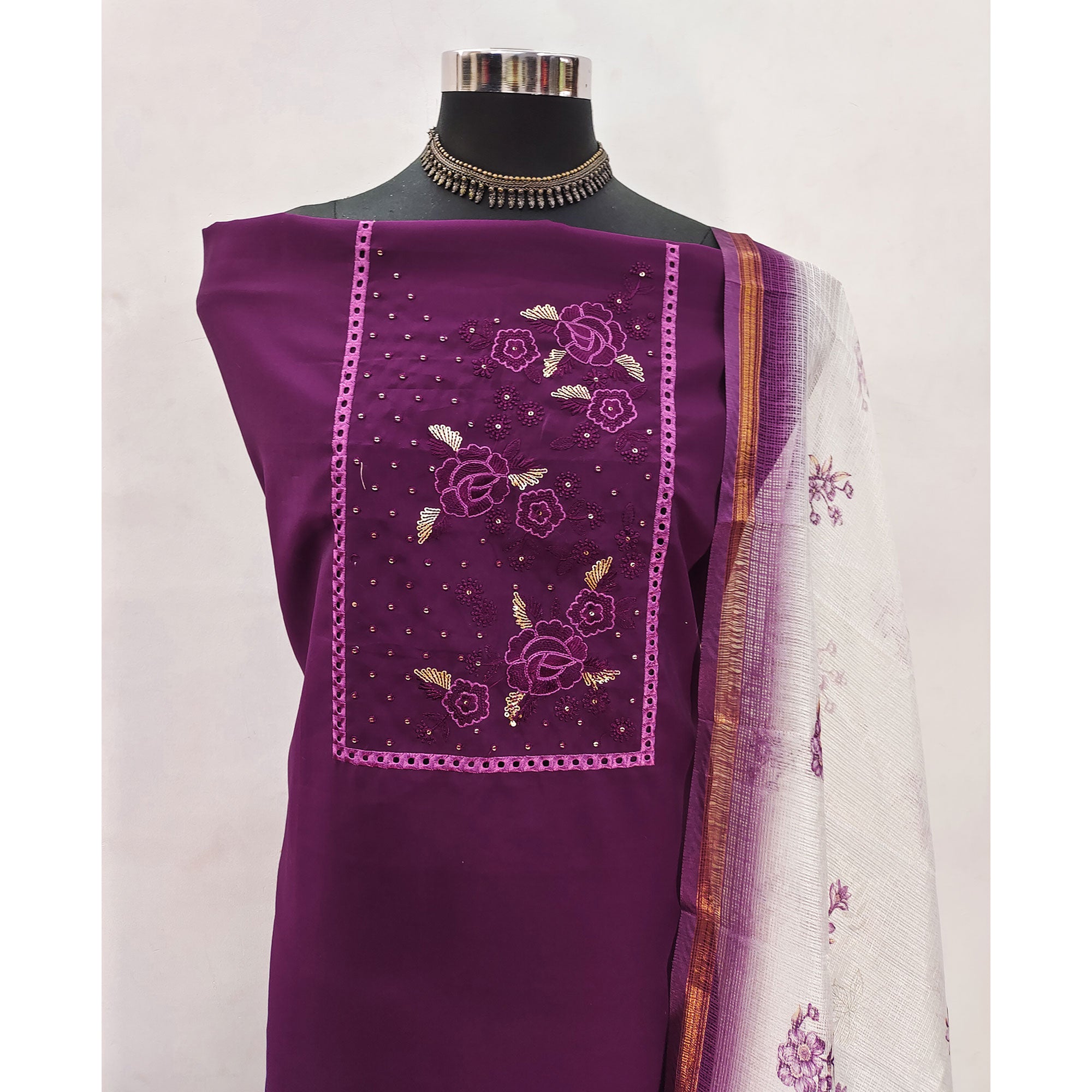 Wine Viscose Dress Material With Stunning Floral Sequin Embroidery