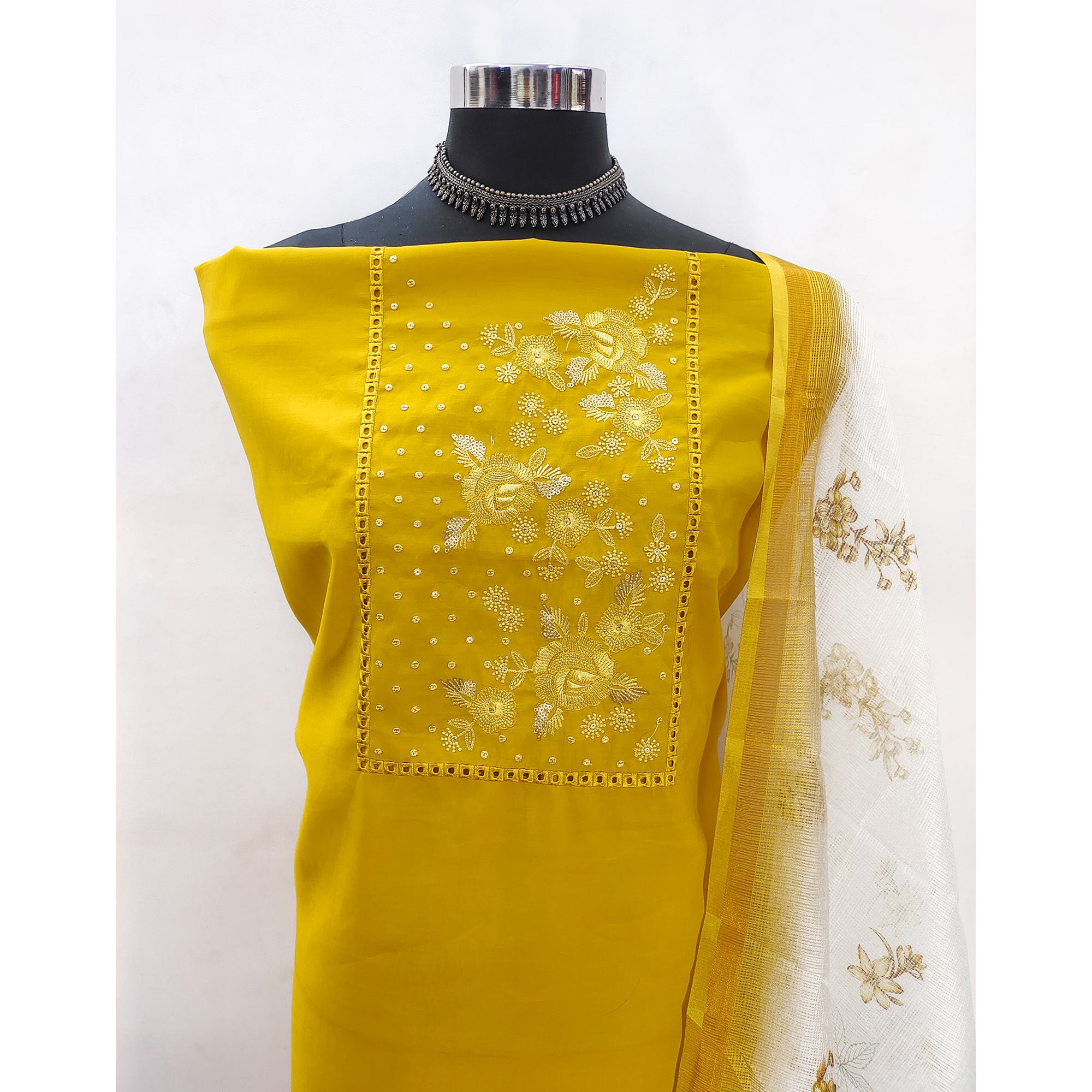 Yellow Viscose Dress Material With Stunning Floral Sequin Embroidery
