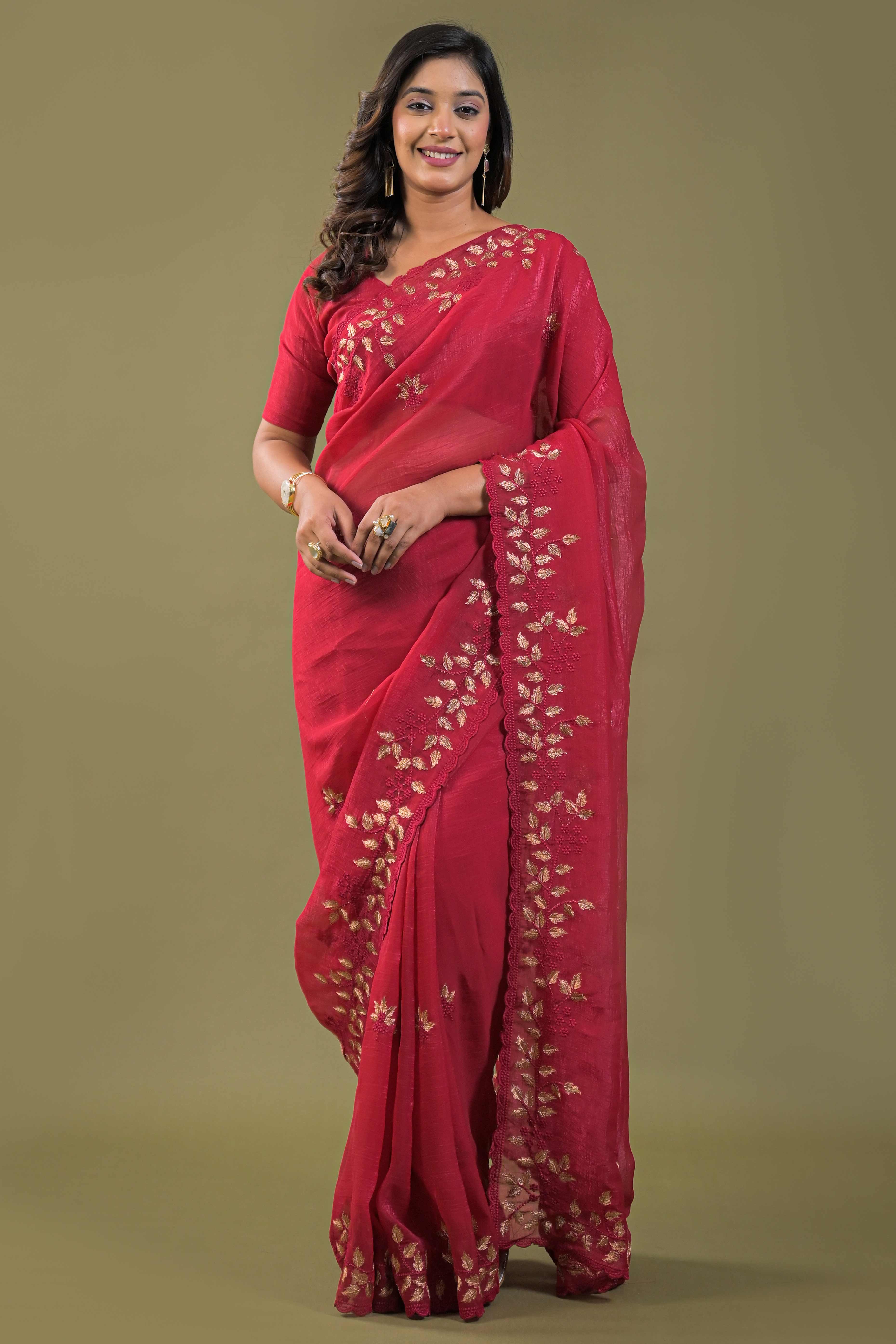 Dark Pink Sheer Organza Saree Adorned with Floral Embroidery