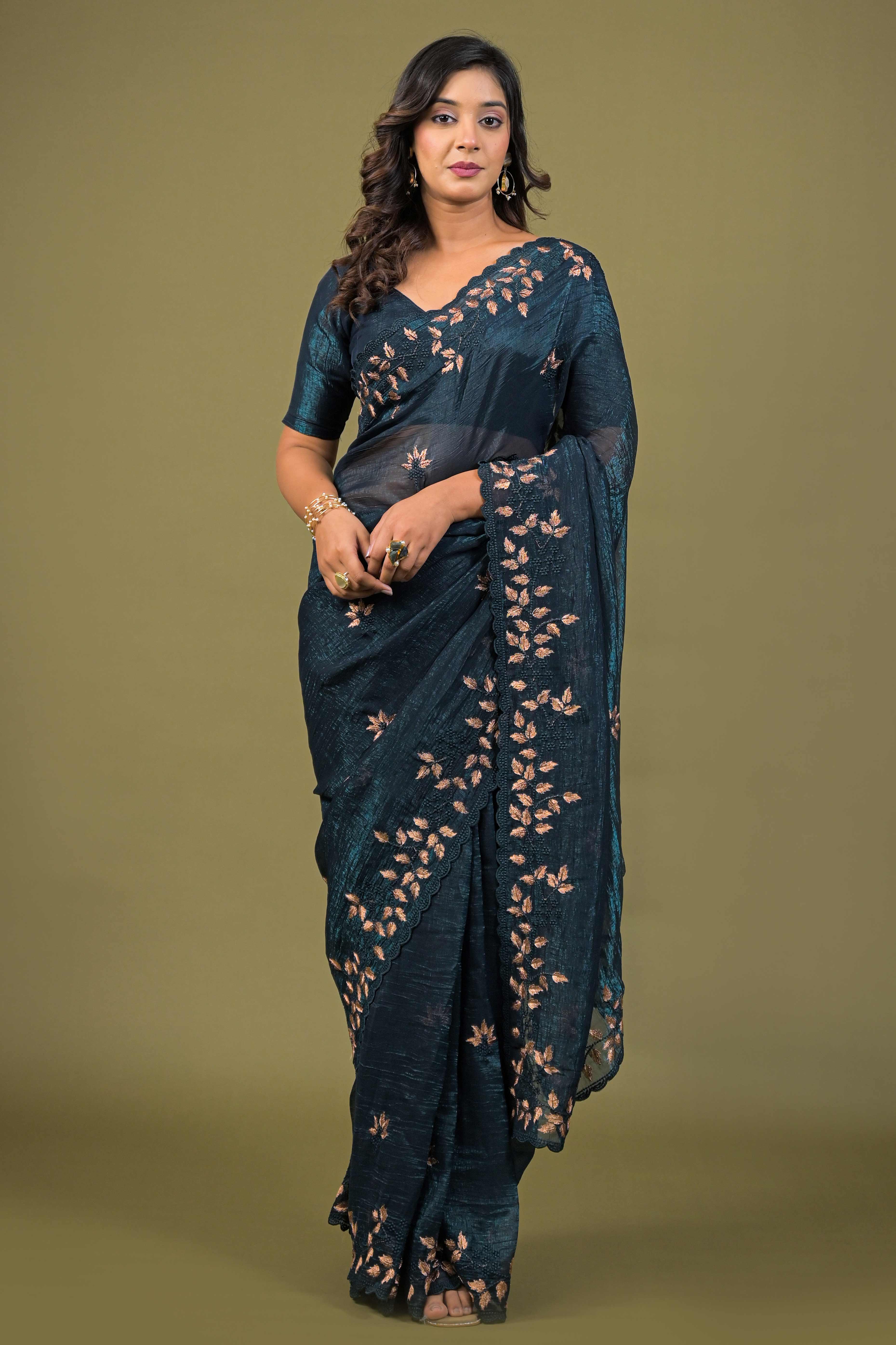 Dark Teal Sheer Organza Saree Adorned with Floral Embroidery