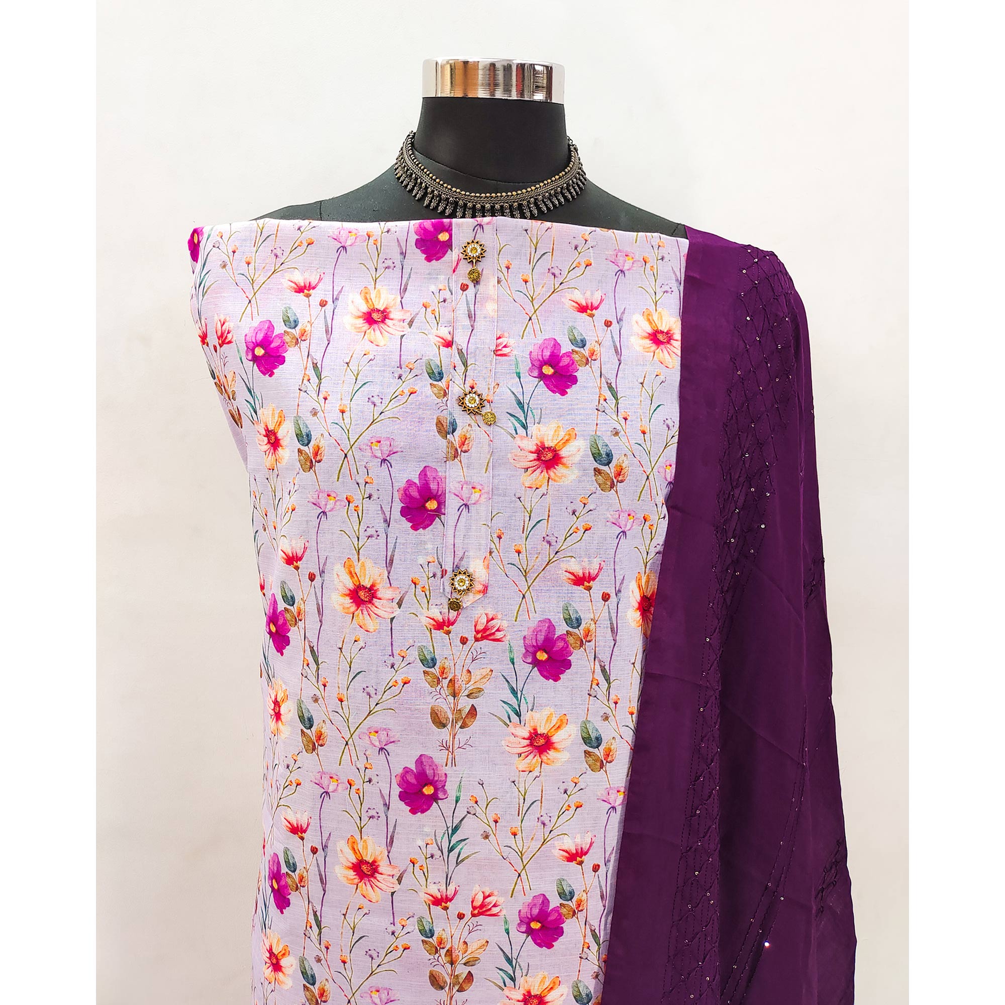 Purple Linen Fabric with Serene Floral Patterns for Casual Looks