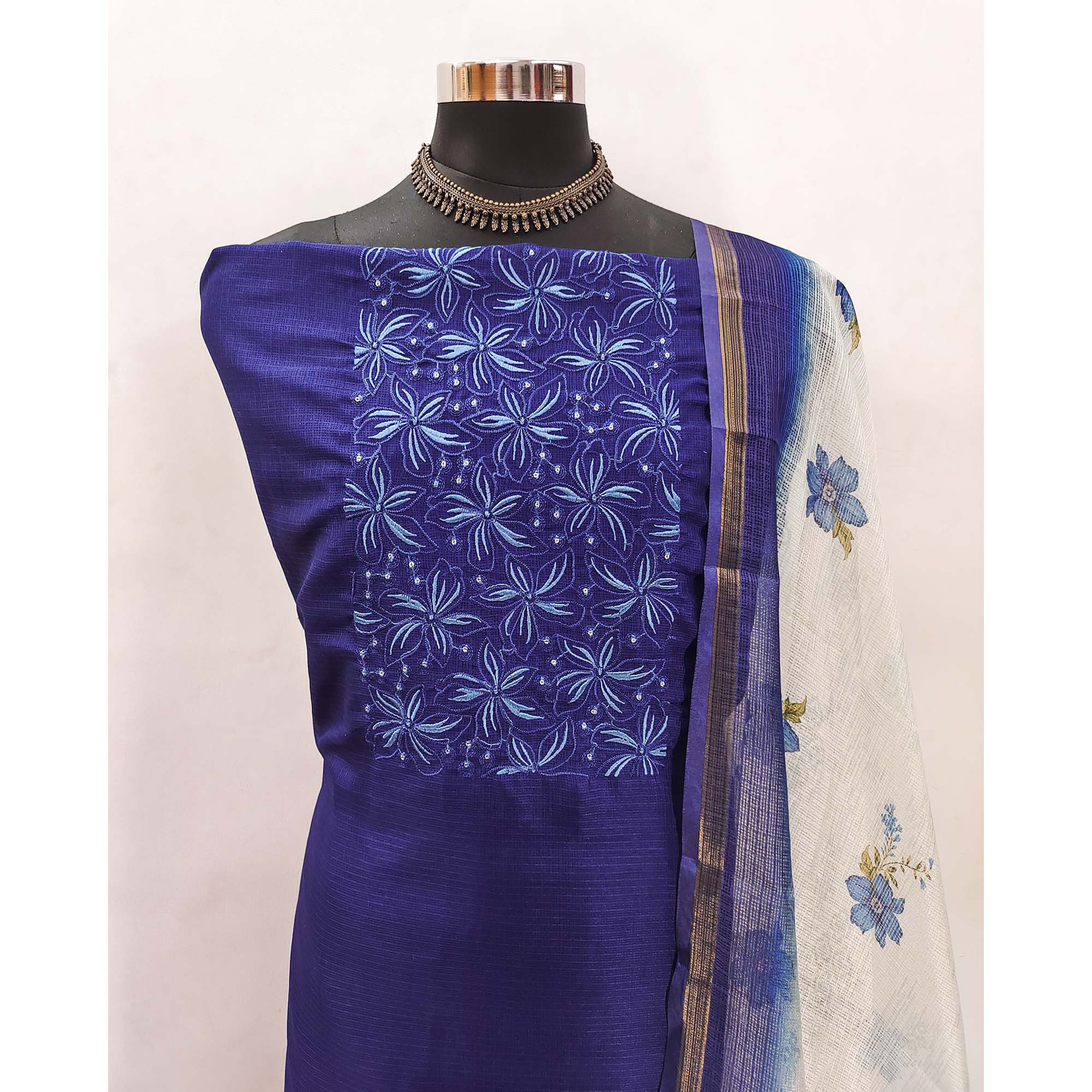 Blue Unstitched Suit Material in Kota Doria with Floral Threadwork