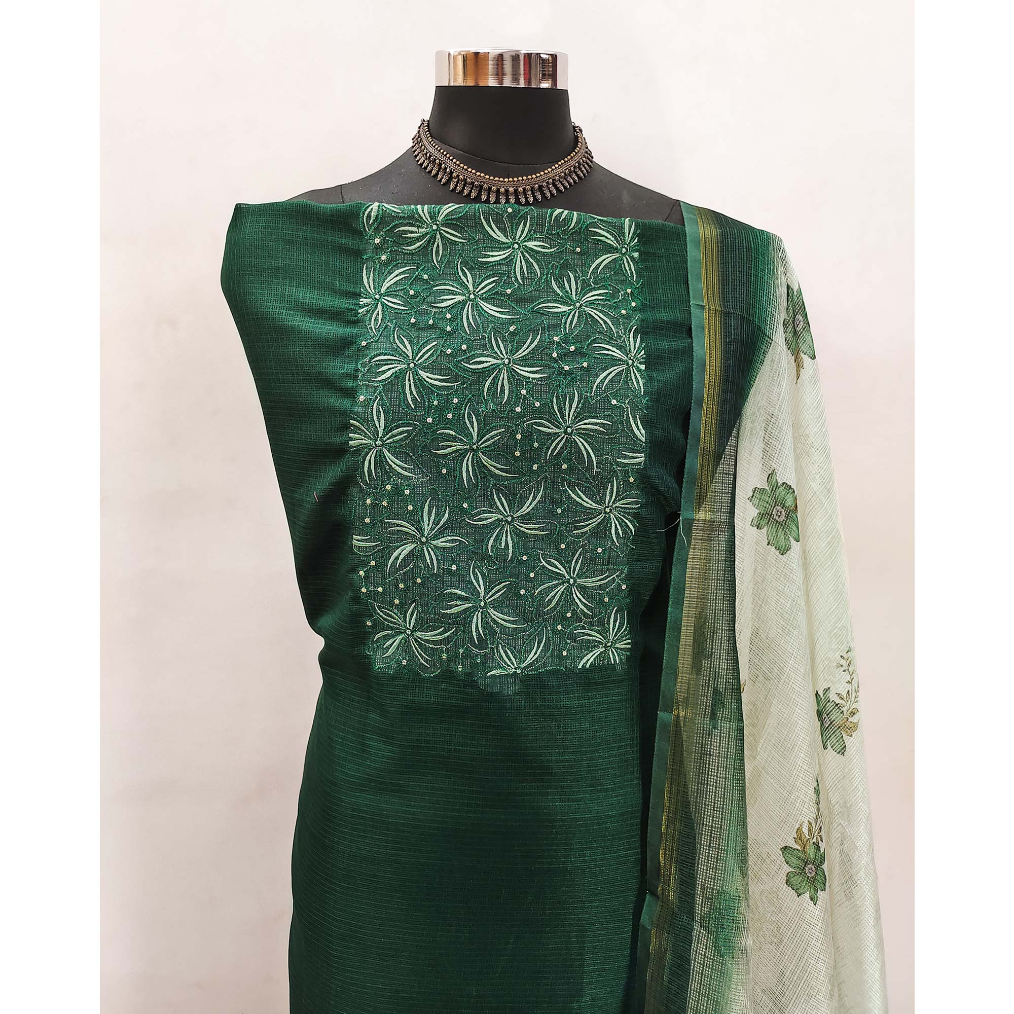 Green Unstitched Suit Material in Kota Doria with Floral Threadwork