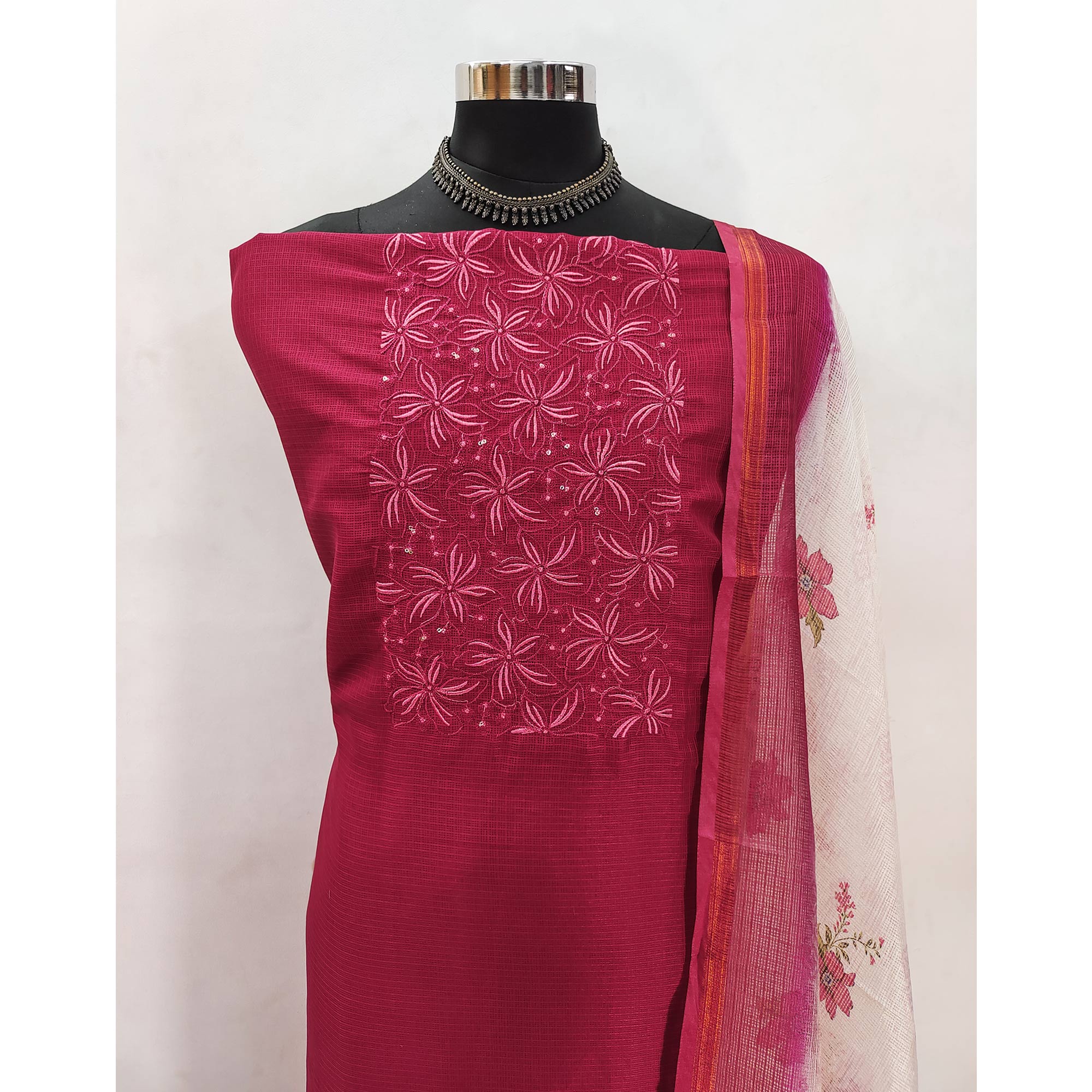 Pink Unstitched Suit Material in Kota Doria with Floral Threadwork