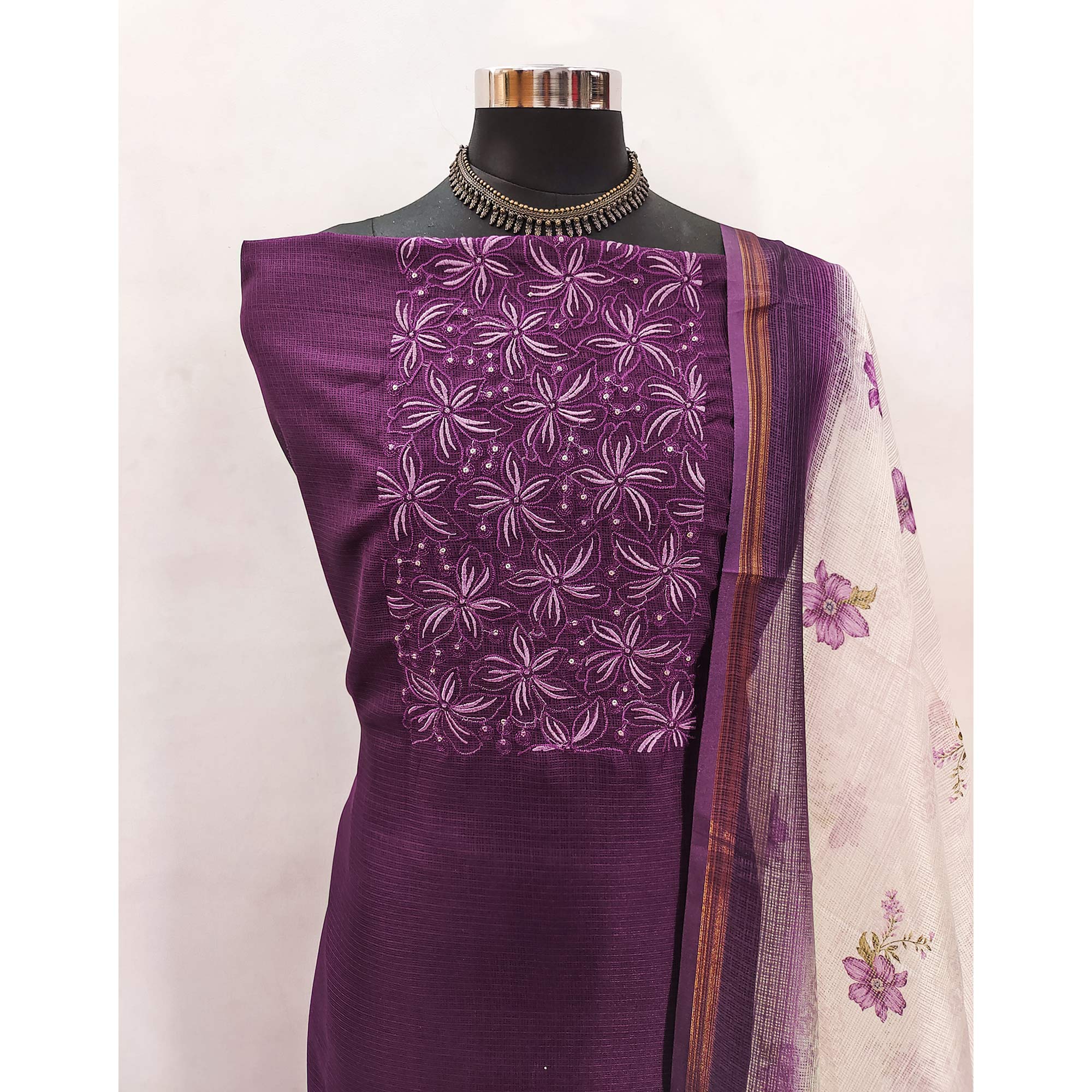 Purple Unstitched Suit Material in Kota Doria with Floral Threadwork