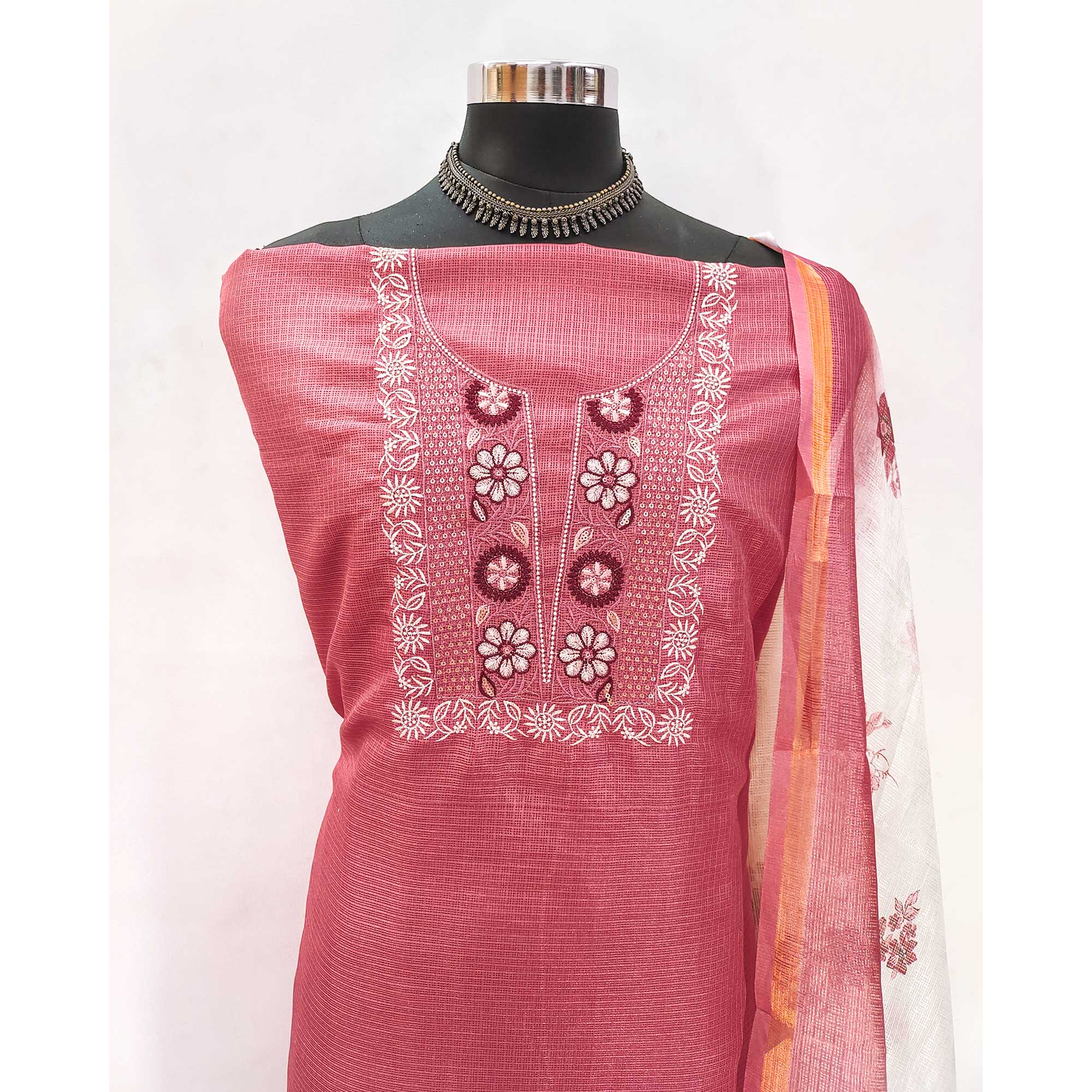 Peach Kota Doria Fabric with Beautifully Embroidered Floral Designs