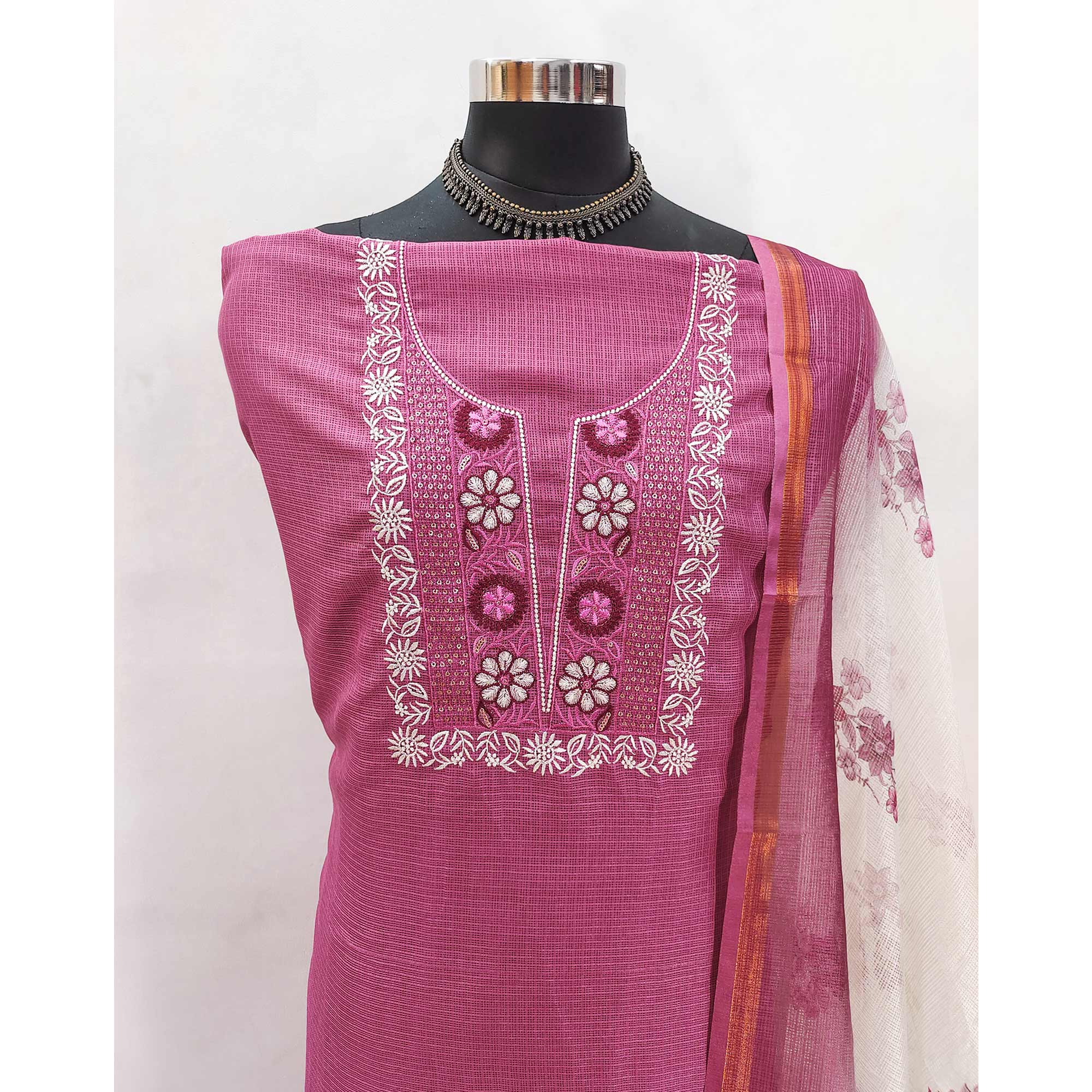 Pink Kota Doria Fabric with Beautifully Embroidered Floral Designs