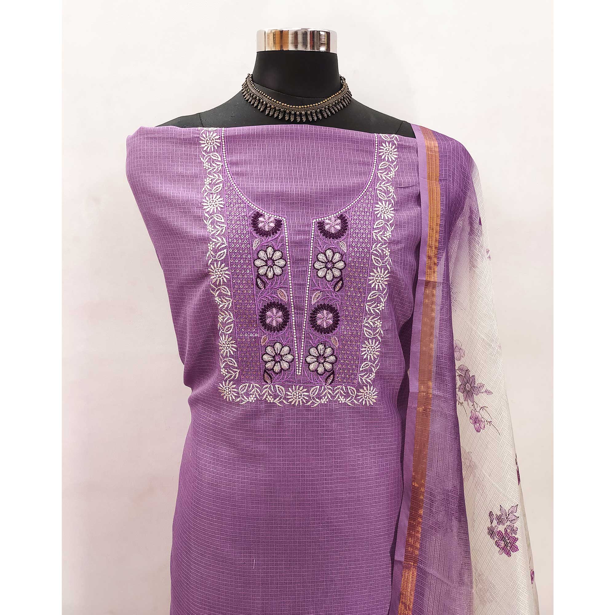 Purple Kota Doria Fabric with Beautifully Embroidered Floral Designs