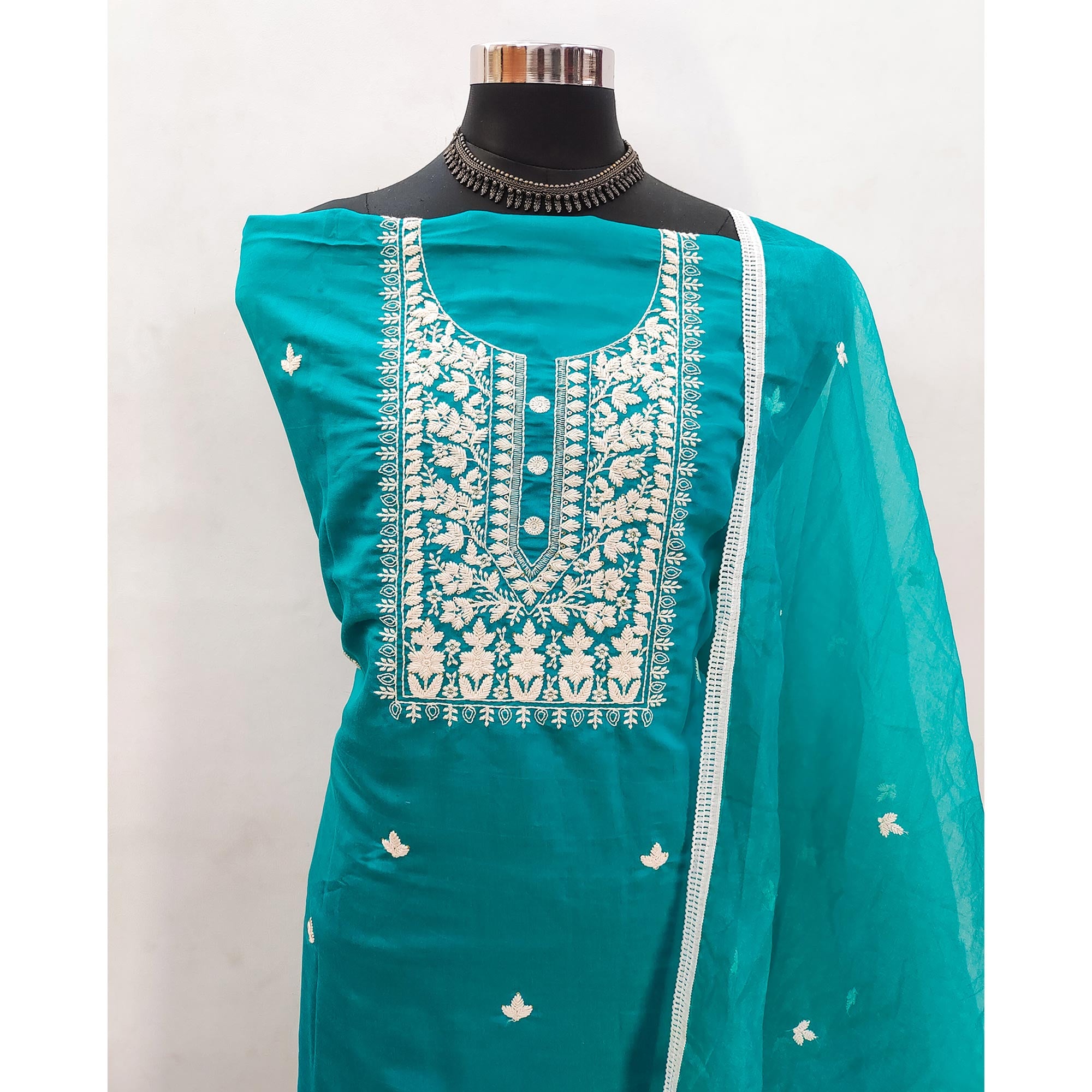 Soft Viscose Fabric in Turquoise with Delicate Floral Work