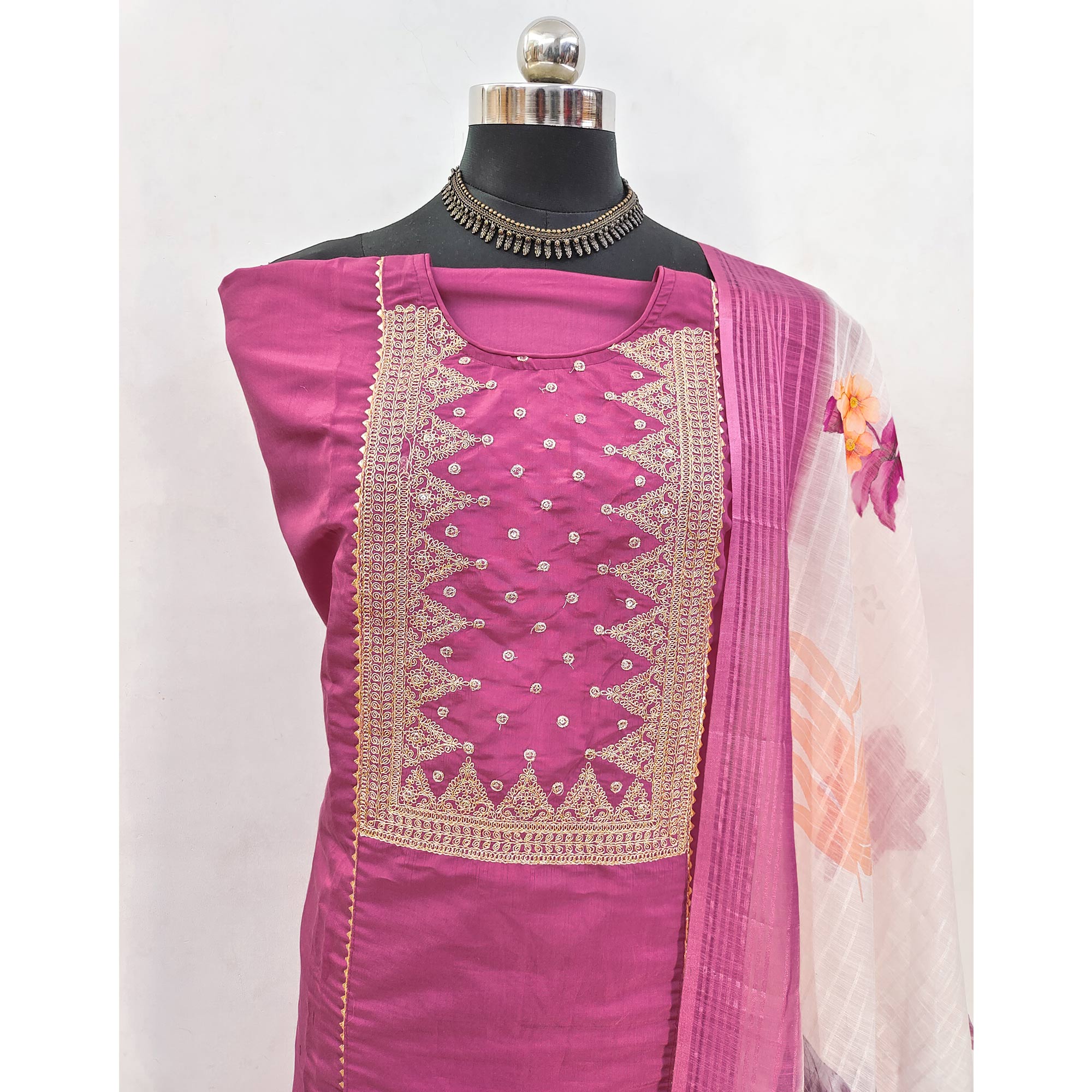 Dusty Pink Golden Thread Embroidered On Viscose Dress Material