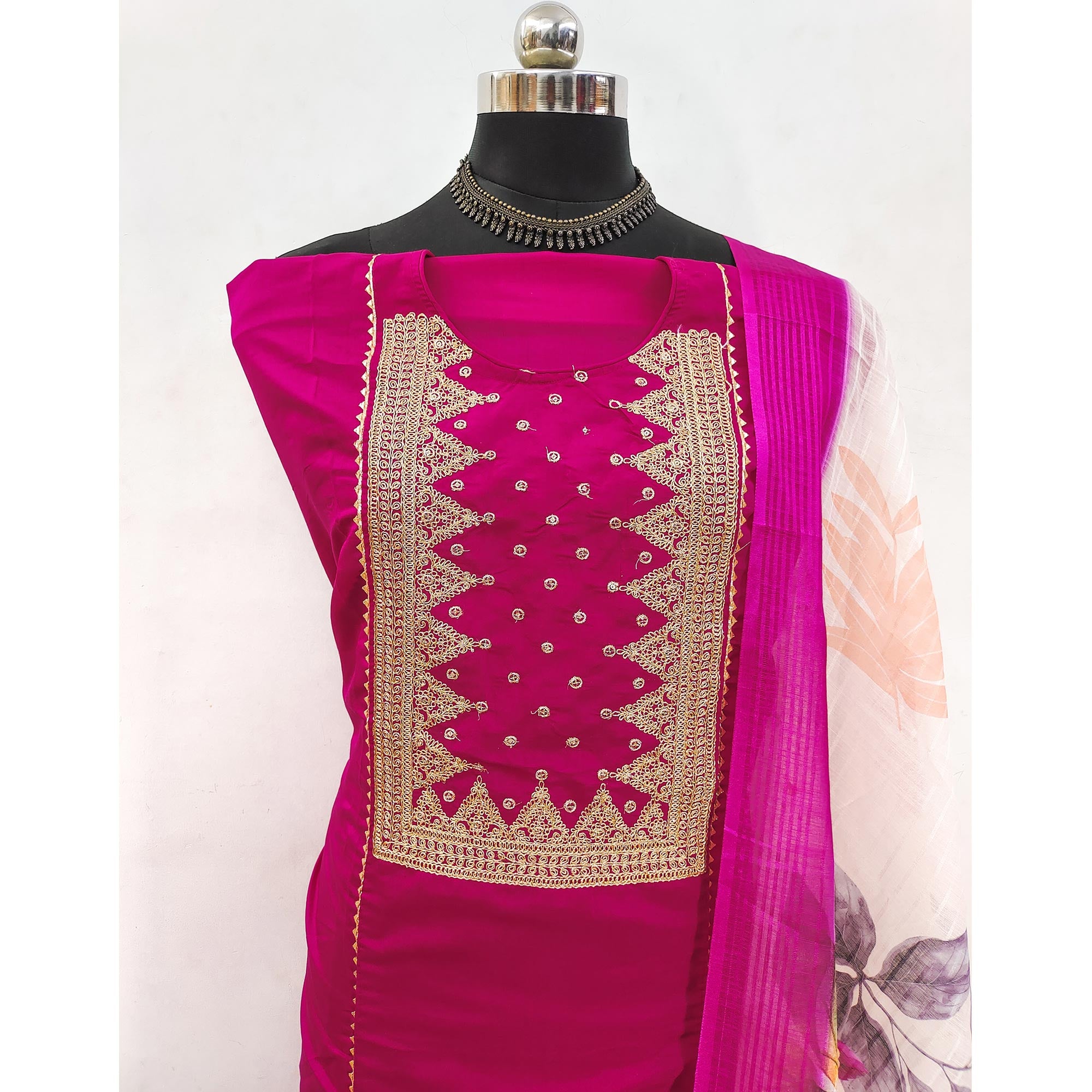 Pink Golden Thread Embroidered On Viscose Dress Material