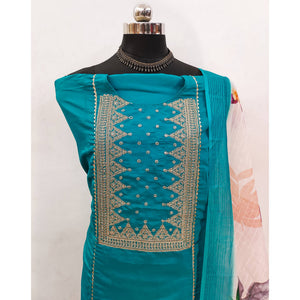 Teal Golden Thread Embroidered On Viscose Dress Material