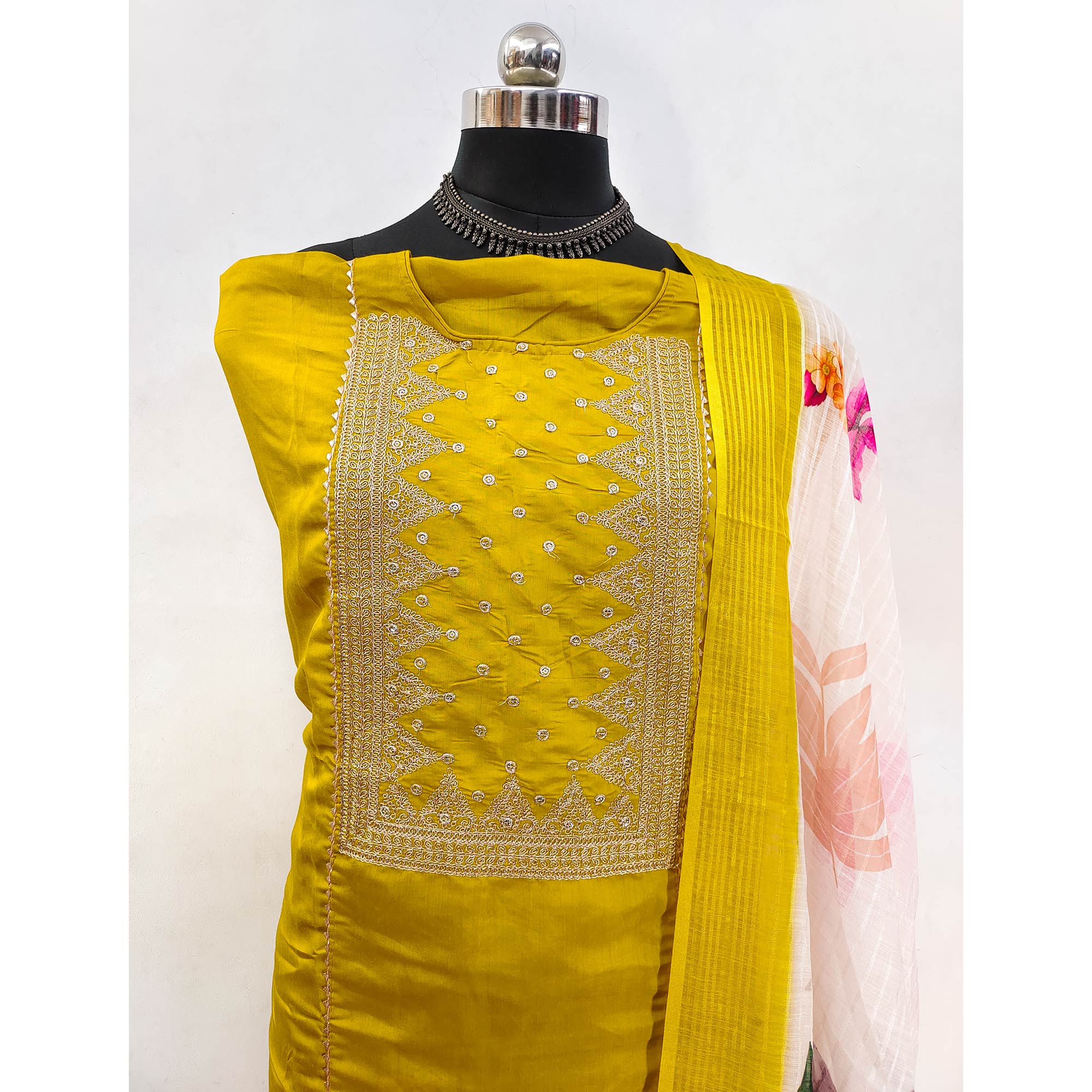 Yellow Golden Thread Embroidered On Viscose Dress Material