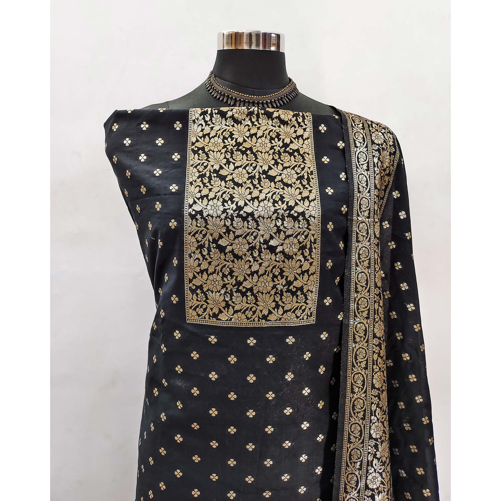Classic Black Floral Zari Weaving Dress Material In Banarasi Silk