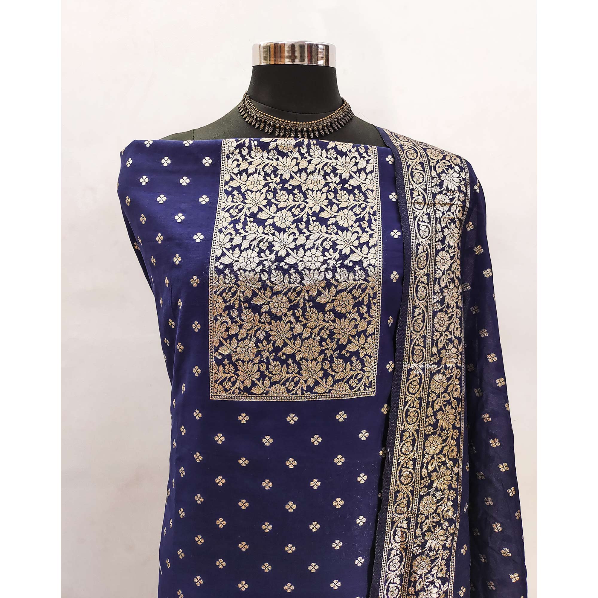 Ornate Navy Blue Banarasi Silk With Floral Zari Weaving Work Dress Material