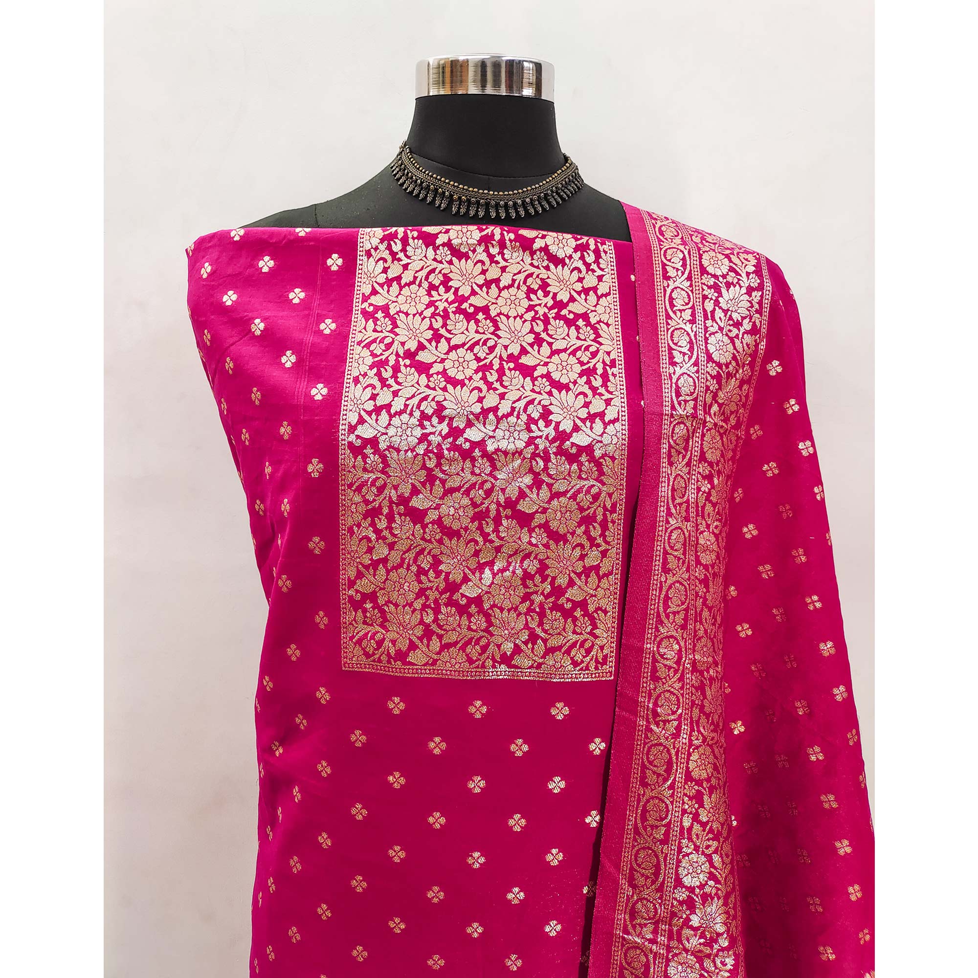 Regal Rani Pink Banarasi Silk With Floral Zari Weaving Work Dress Material