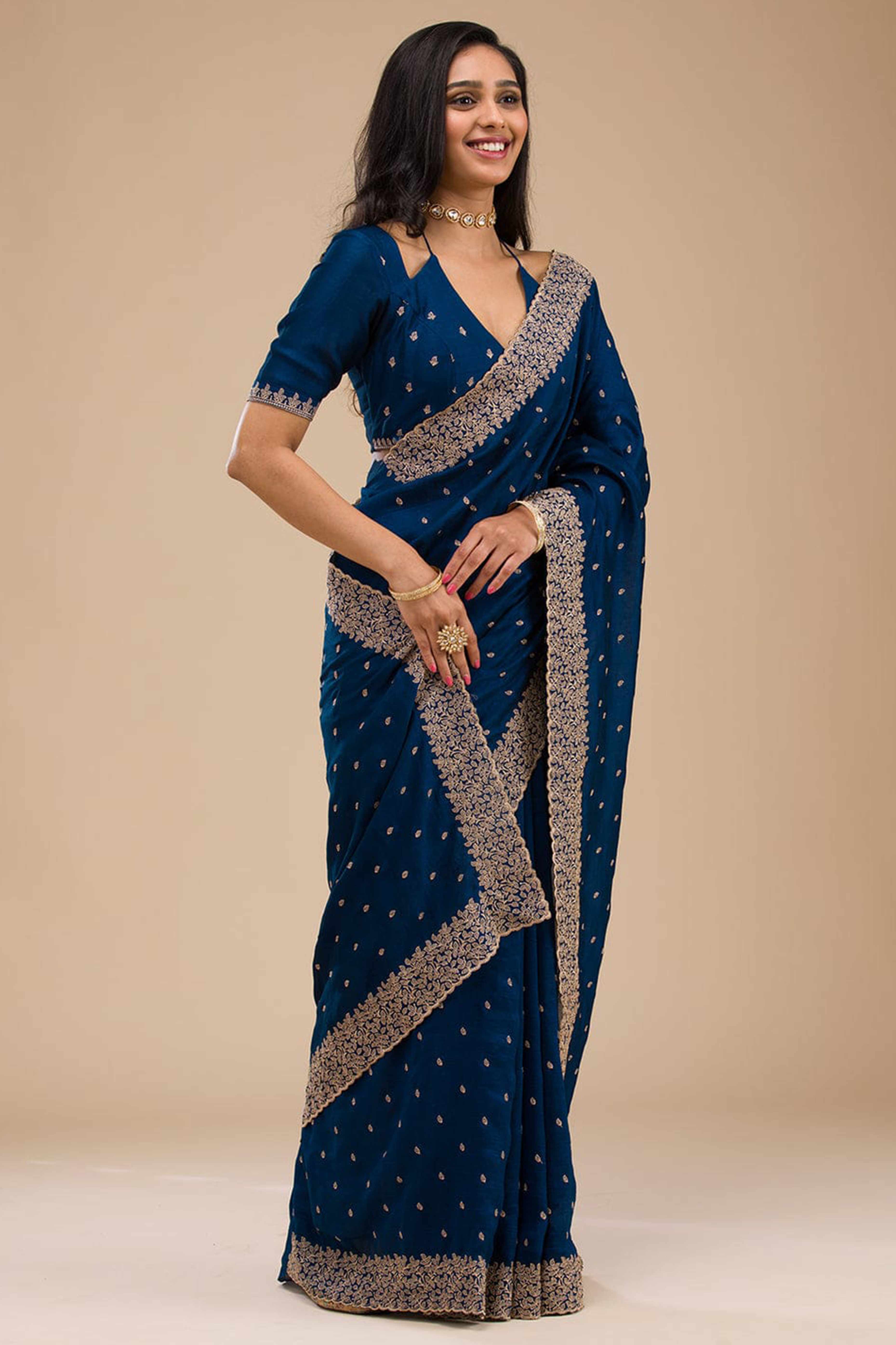 Sophisticated Blue Saree in Vichitra Silk with All-Over Floral Embroidered
