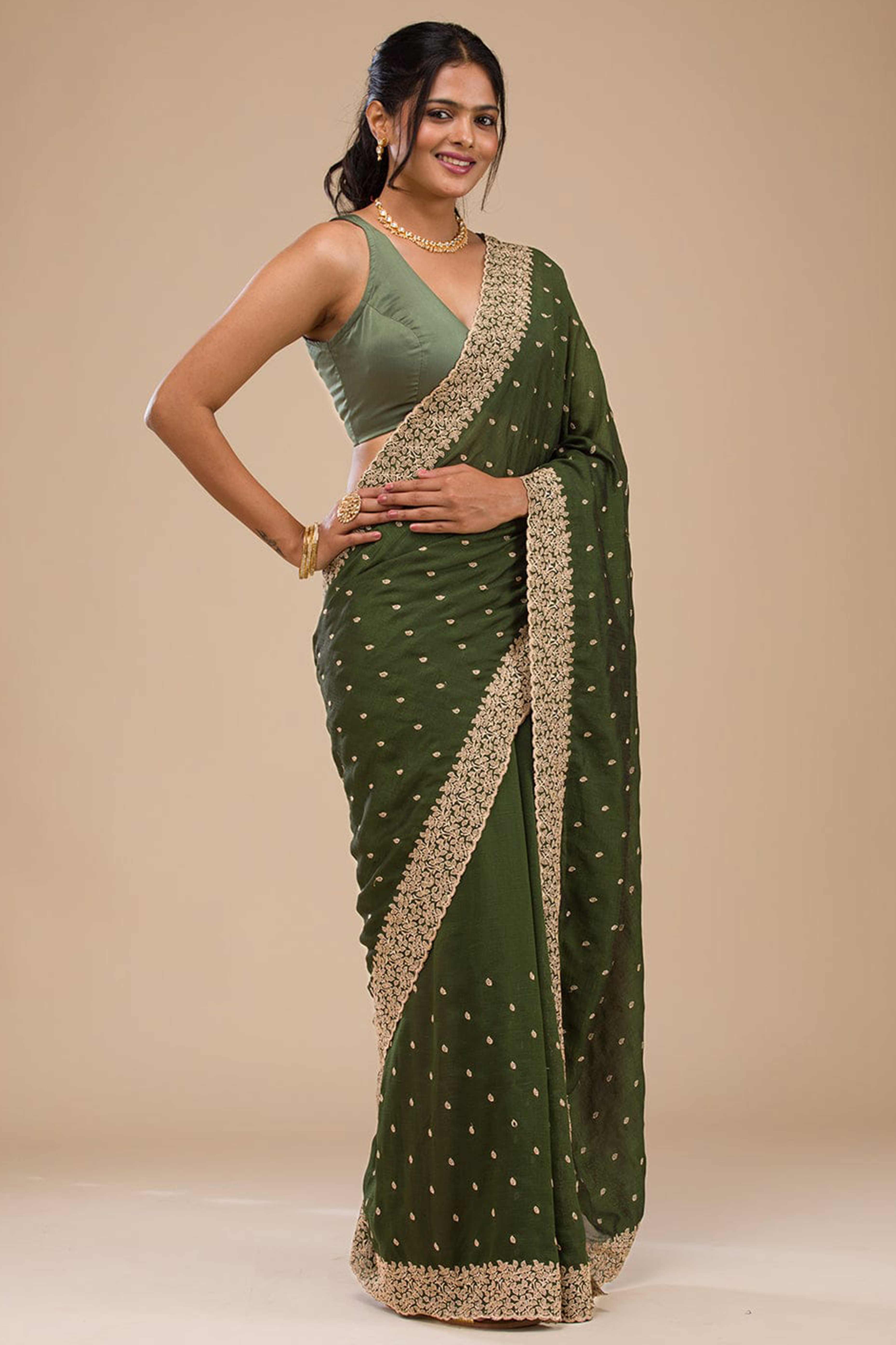 Sophisticated Green Saree in Vichitra Silk with All-Over Floral Embroidered