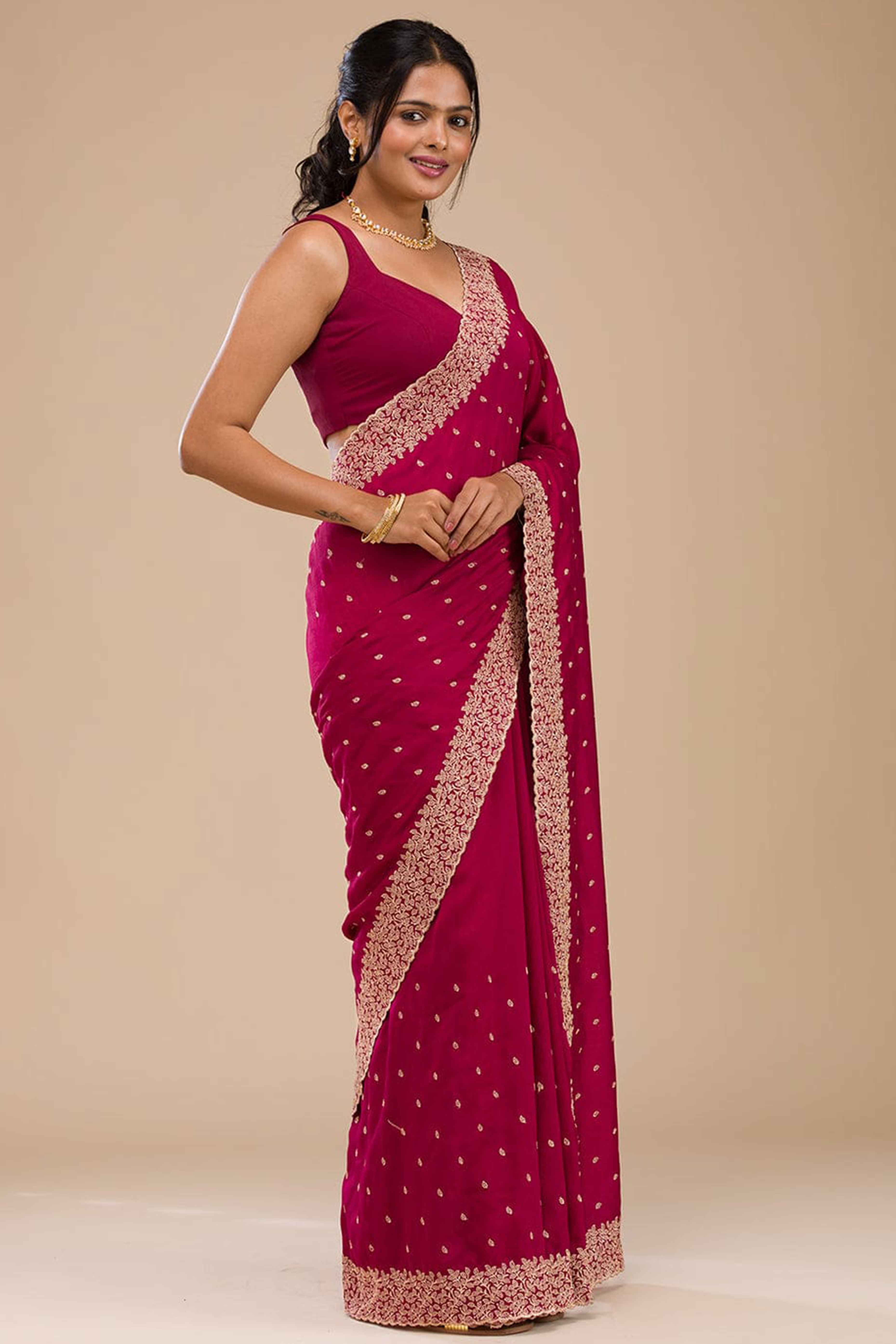 Sophisticated Pink Saree in Vichitra Silk with All-Over Floral Embroidered