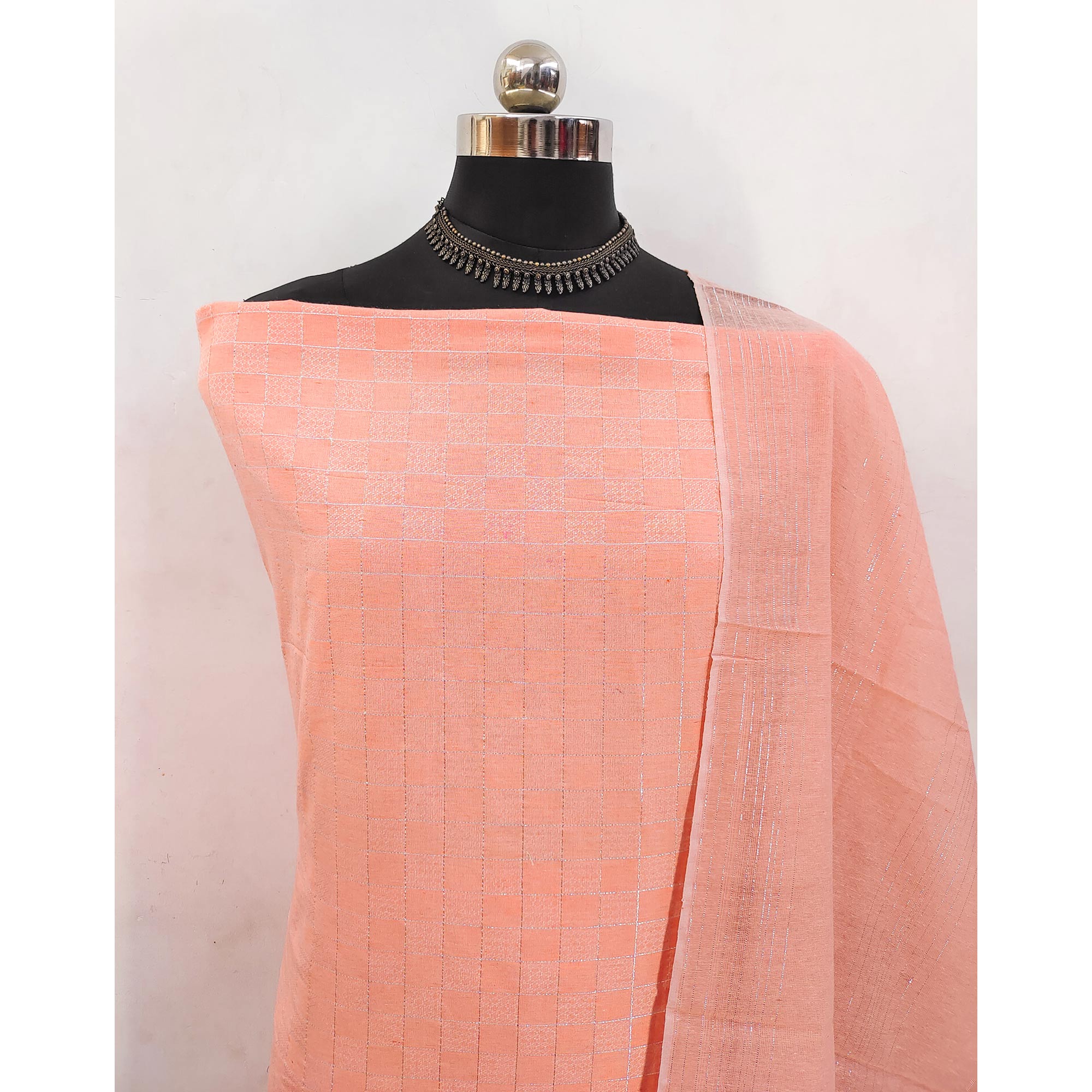 Soft and Breathable Pure Cotton Dress Material in Peach with Timeless Checkered Design