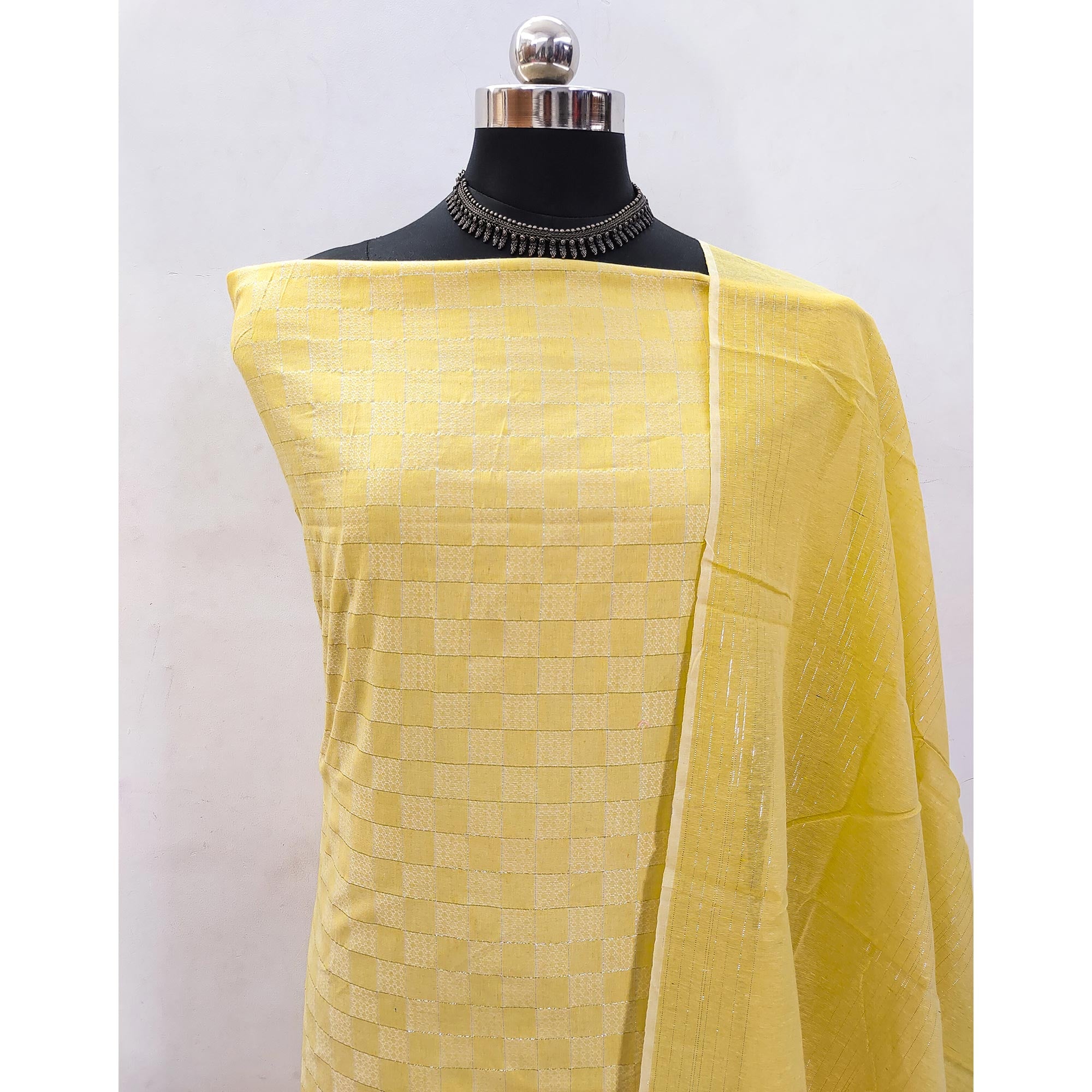 Soft and Breathable Pure Cotton Dress Material in Yellow with Timeless Checkered Design