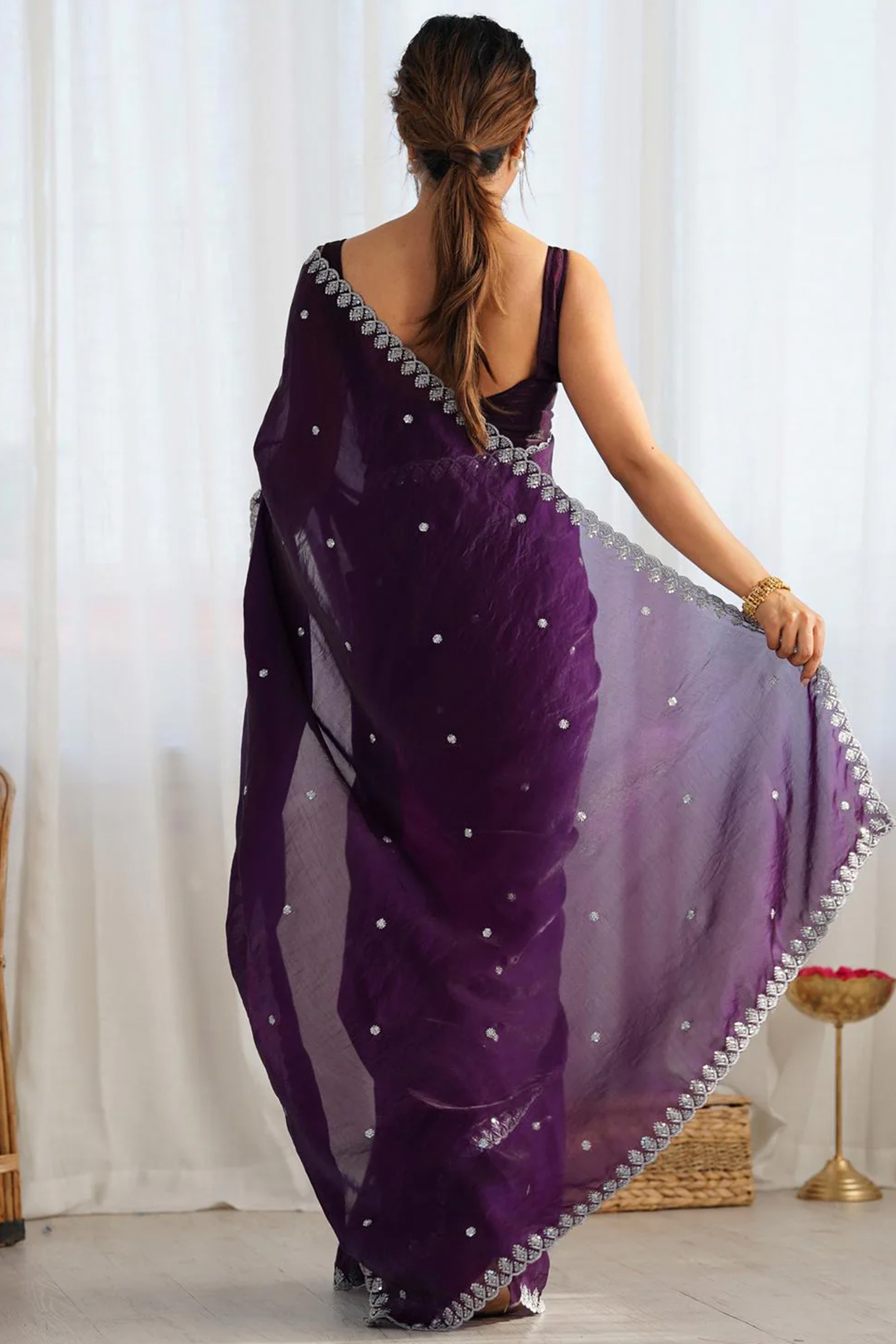 Stunning Dark Purple Organza Satin Silk Saree Adorned With Floral Sequin Zari Embroidery Work